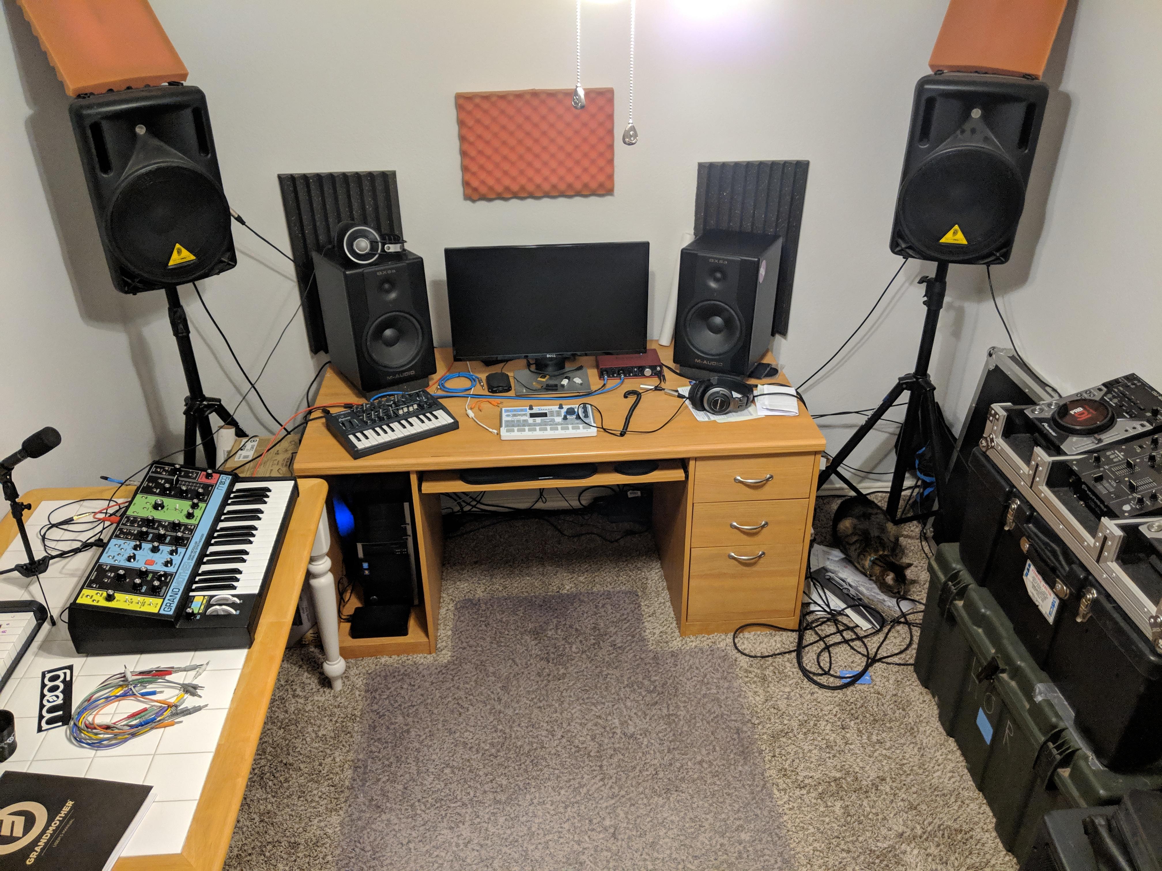 My home "studio" setup; Moog, Artuia, cat r/synthesizers