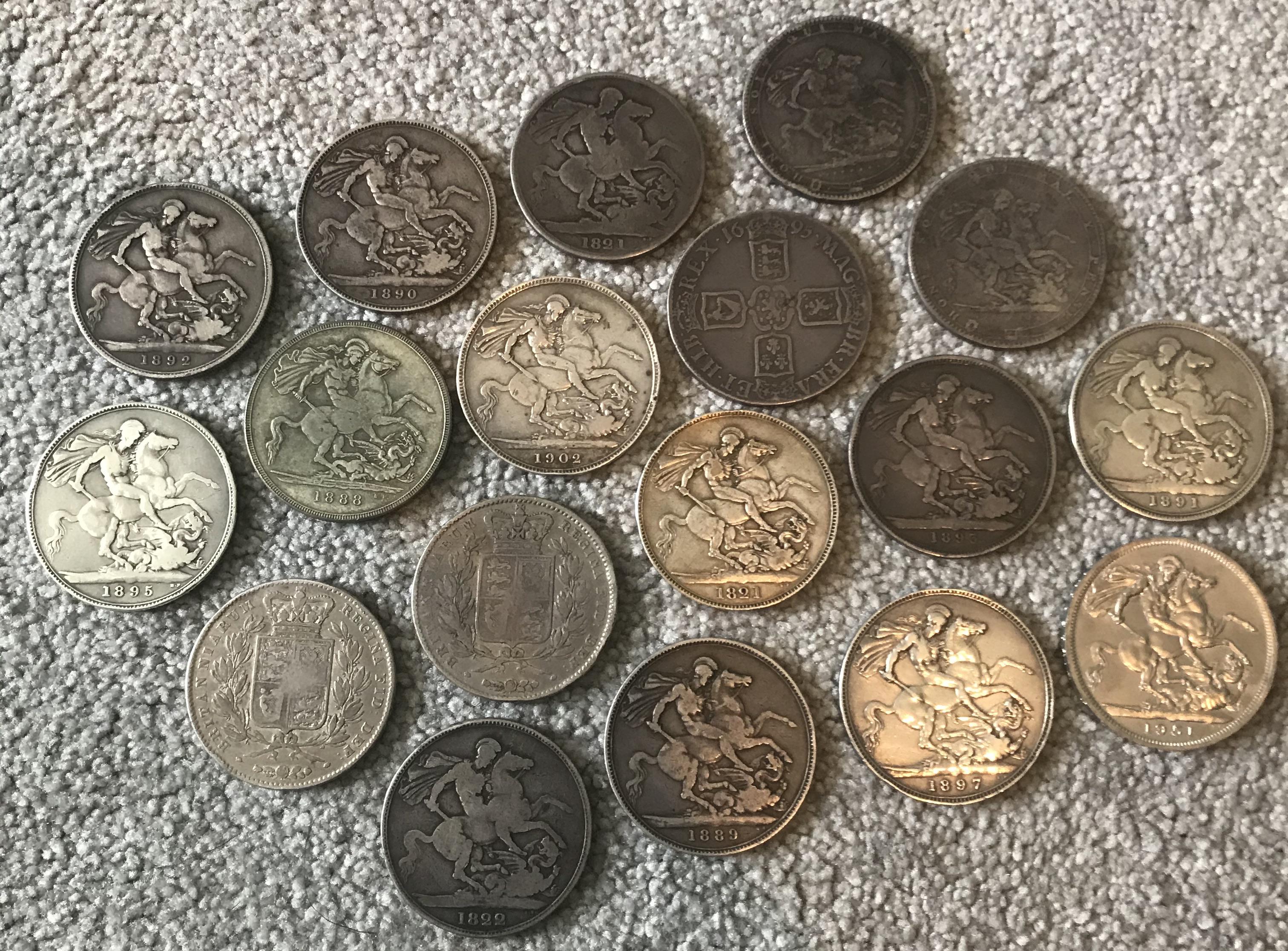 My collection of English Crown Coins (dates 1695, 1820, 1820, 1821