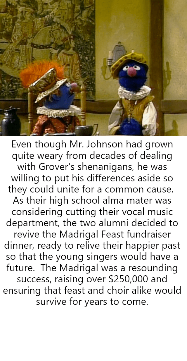 Grover and Mr. Johnson help their HS alma mater. r/WholesomeBertstrips