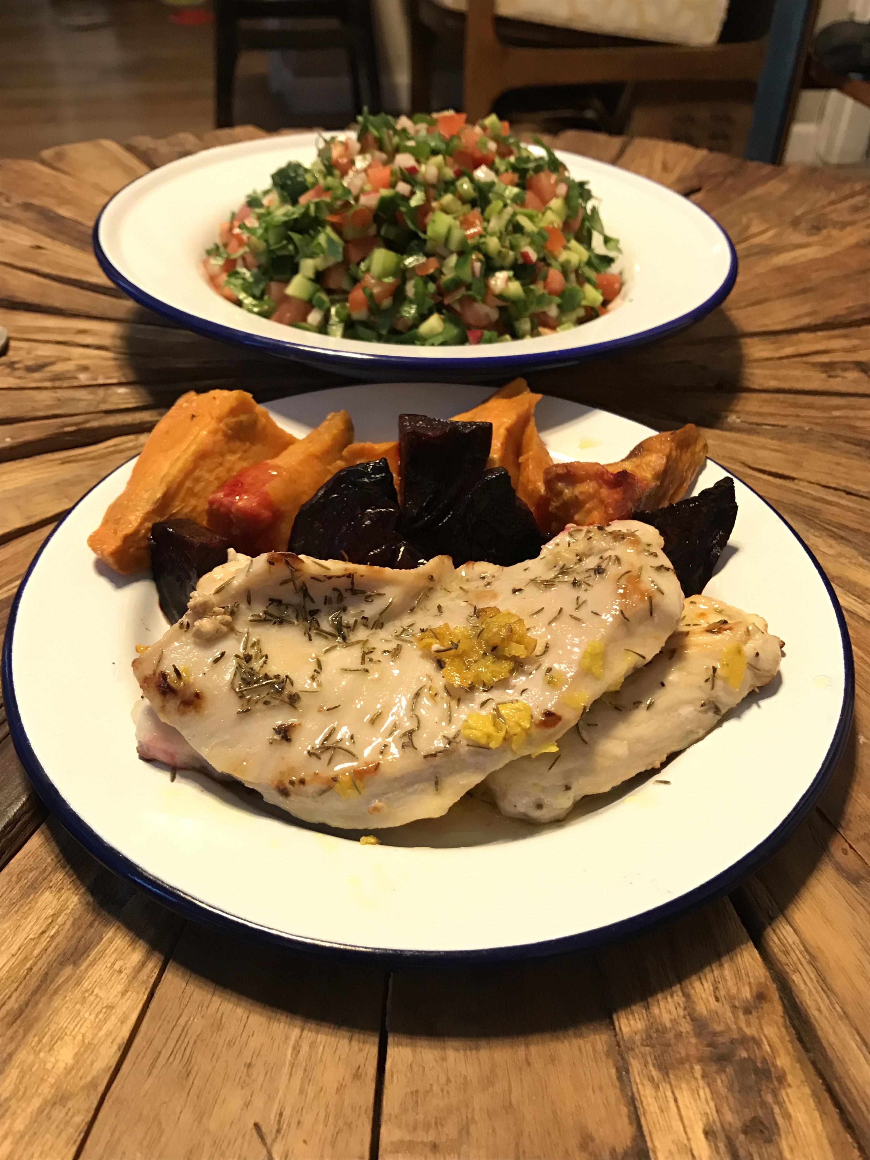 R1D24 thyme, fresh turmeric chicken; grilled yam and beet; chopped