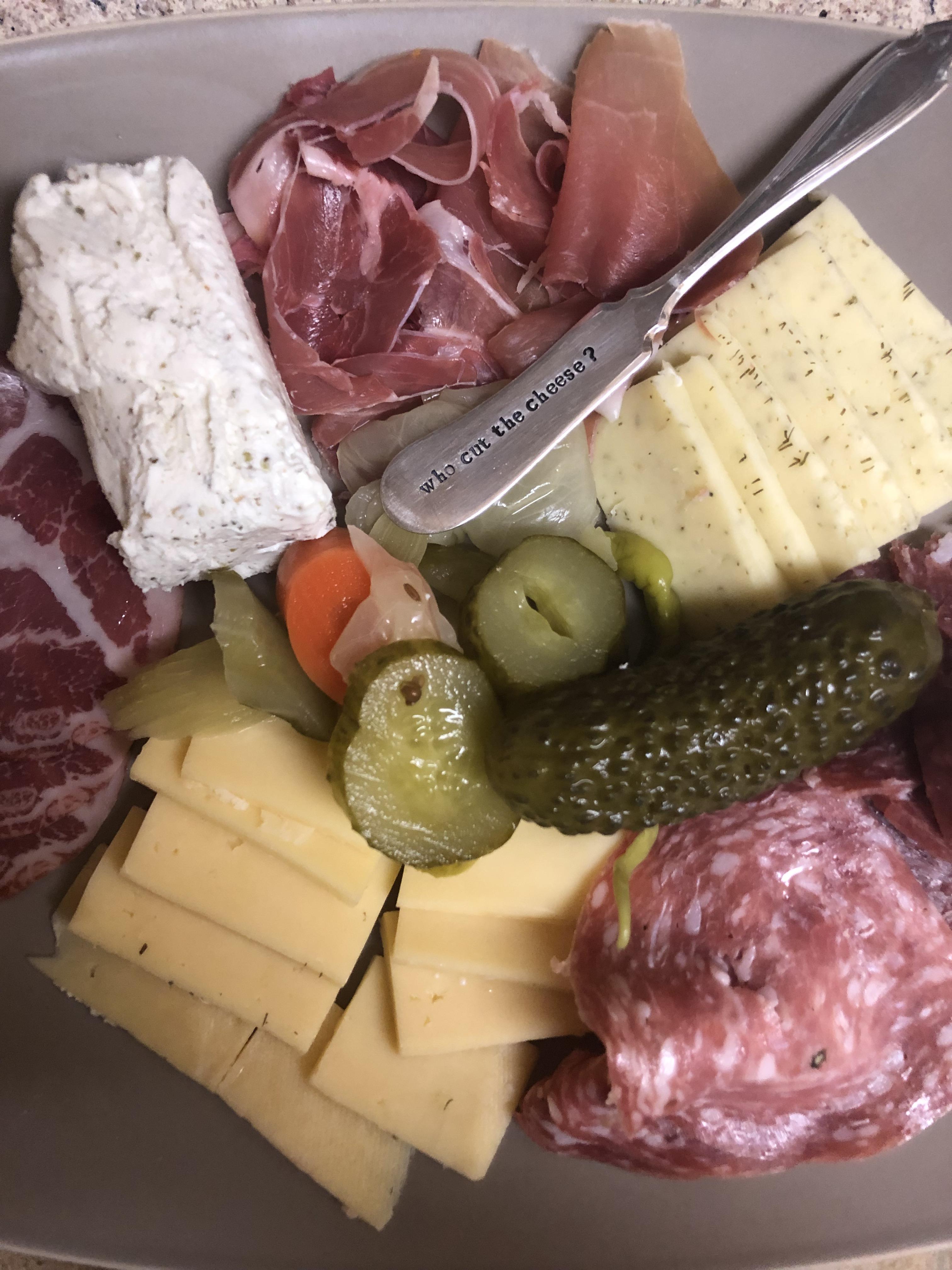 Our dinner tonight! Herb and garlic goat cheese, dill havarti, and Edam