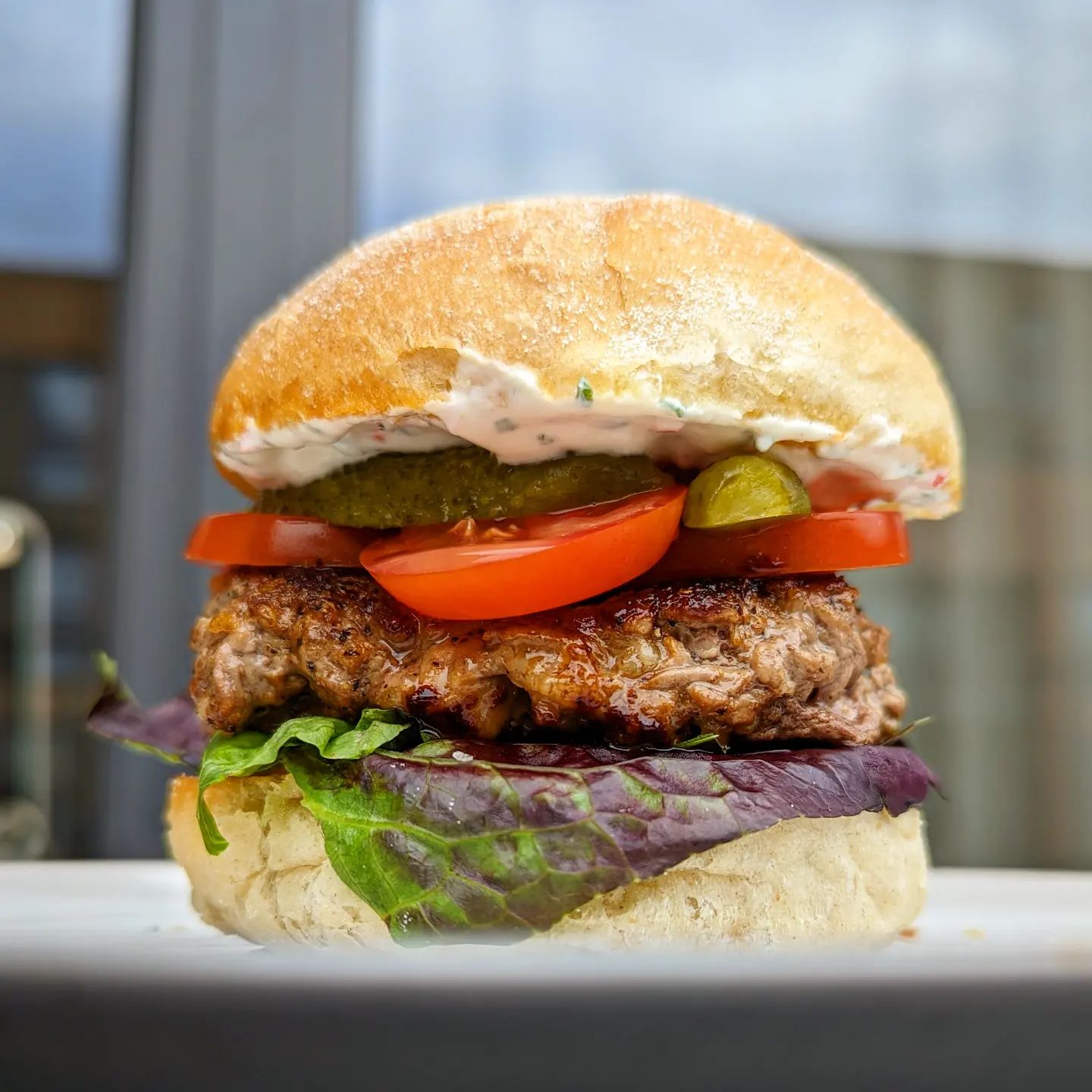 Lamb burger with home made ketchup and home made sour cream, mint and
