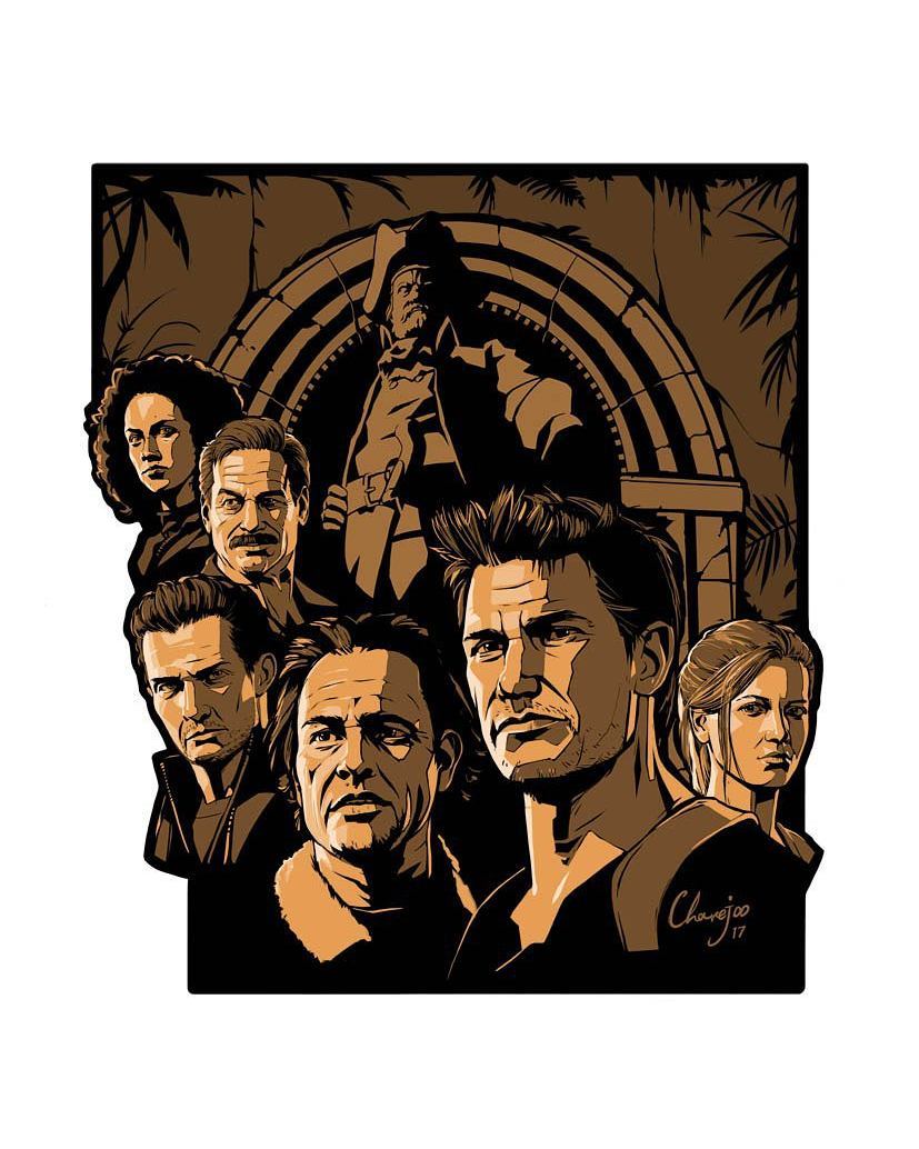 Uncharted 4 the whole crew plus cap Avery with white background uncharted