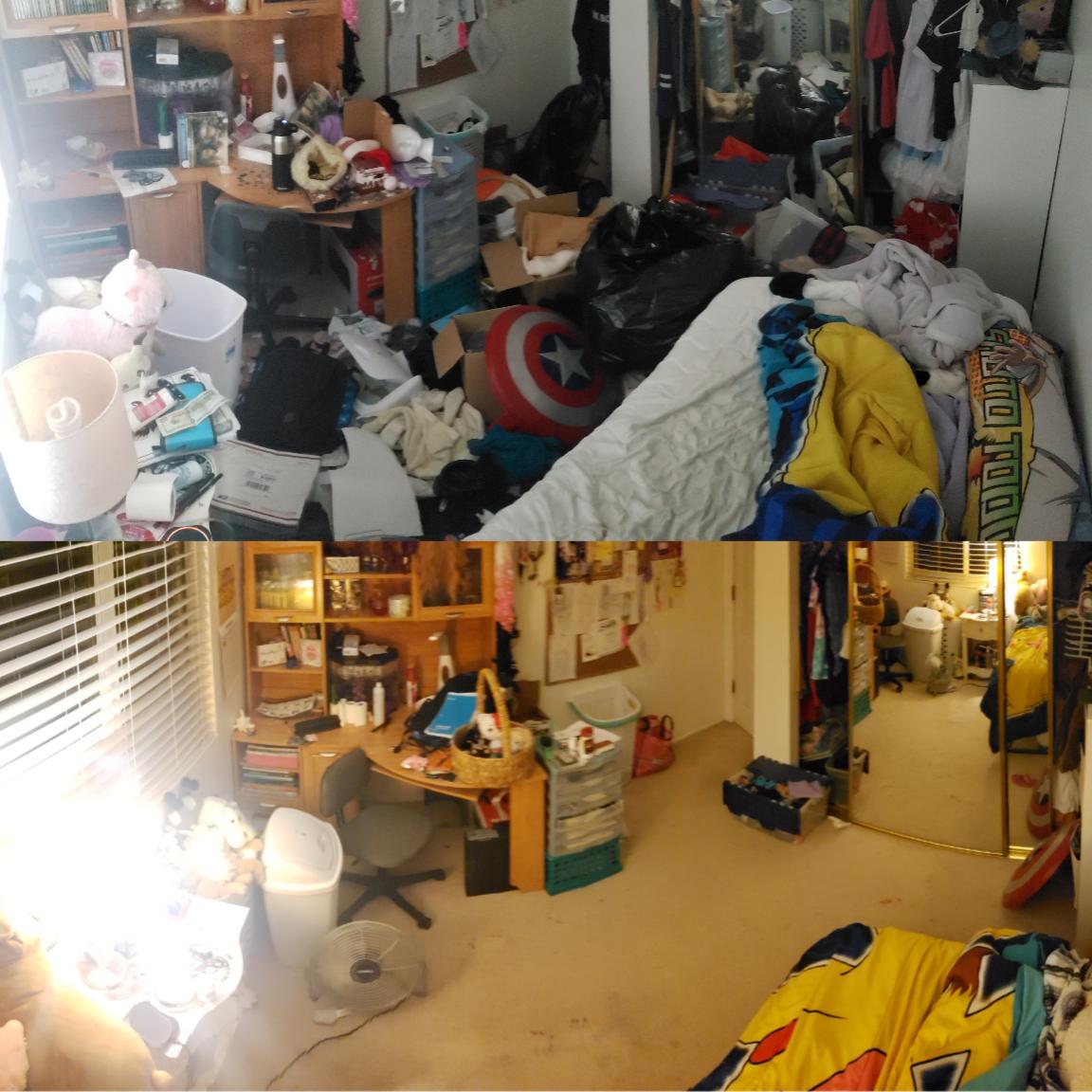 Before and after cleaning my room. It took me and two others six hours