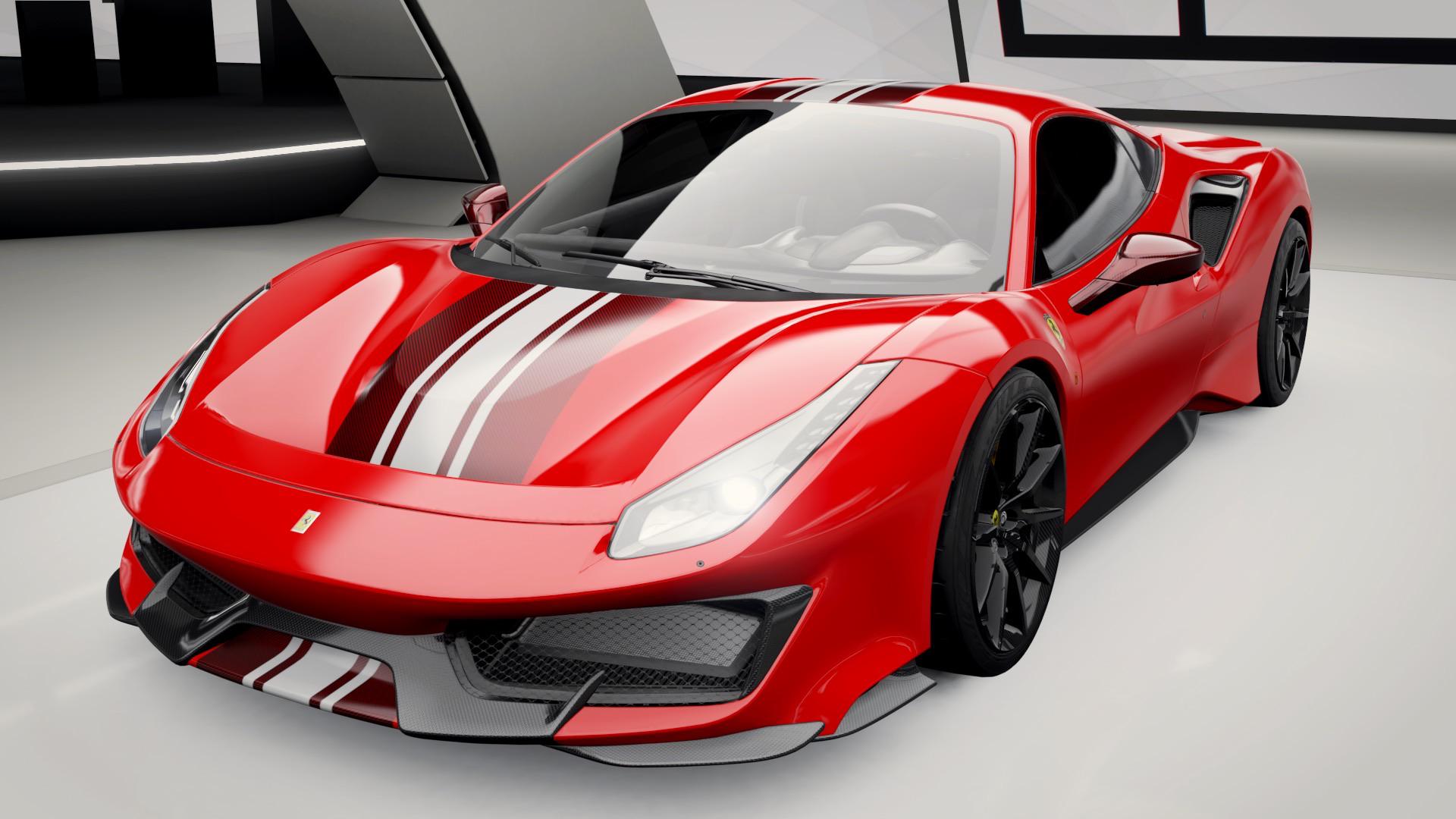 Ferrari 488 pista in red with red carbon stripes and smaller white