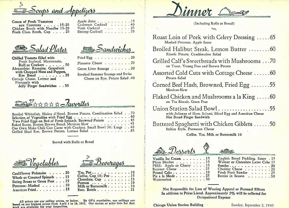 Vintage A 1945 menu from the Fred Harvey Restaurant at Union Station