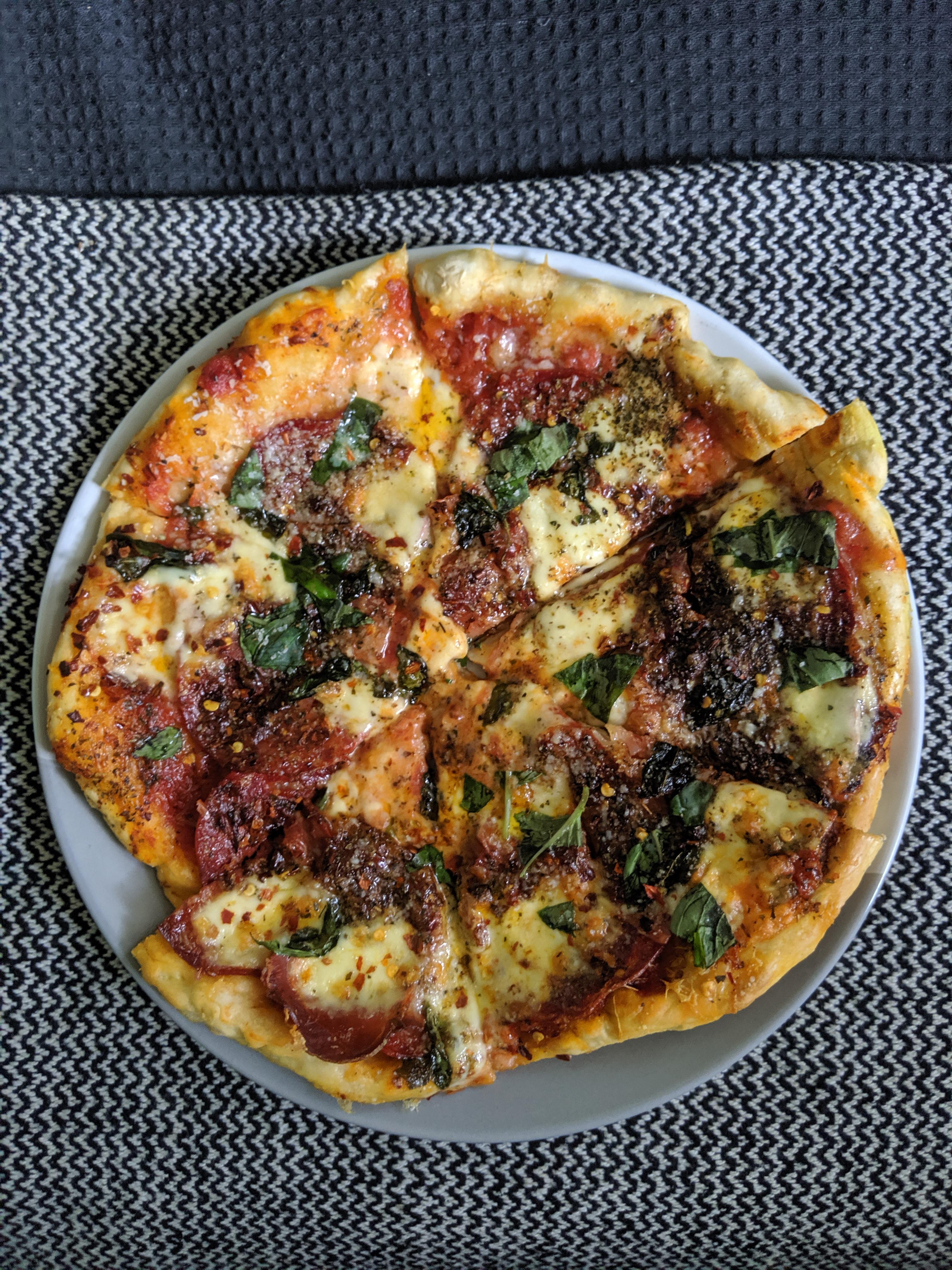 3 day cold ferment dough with spicy salami, dried oregano,chili flakes