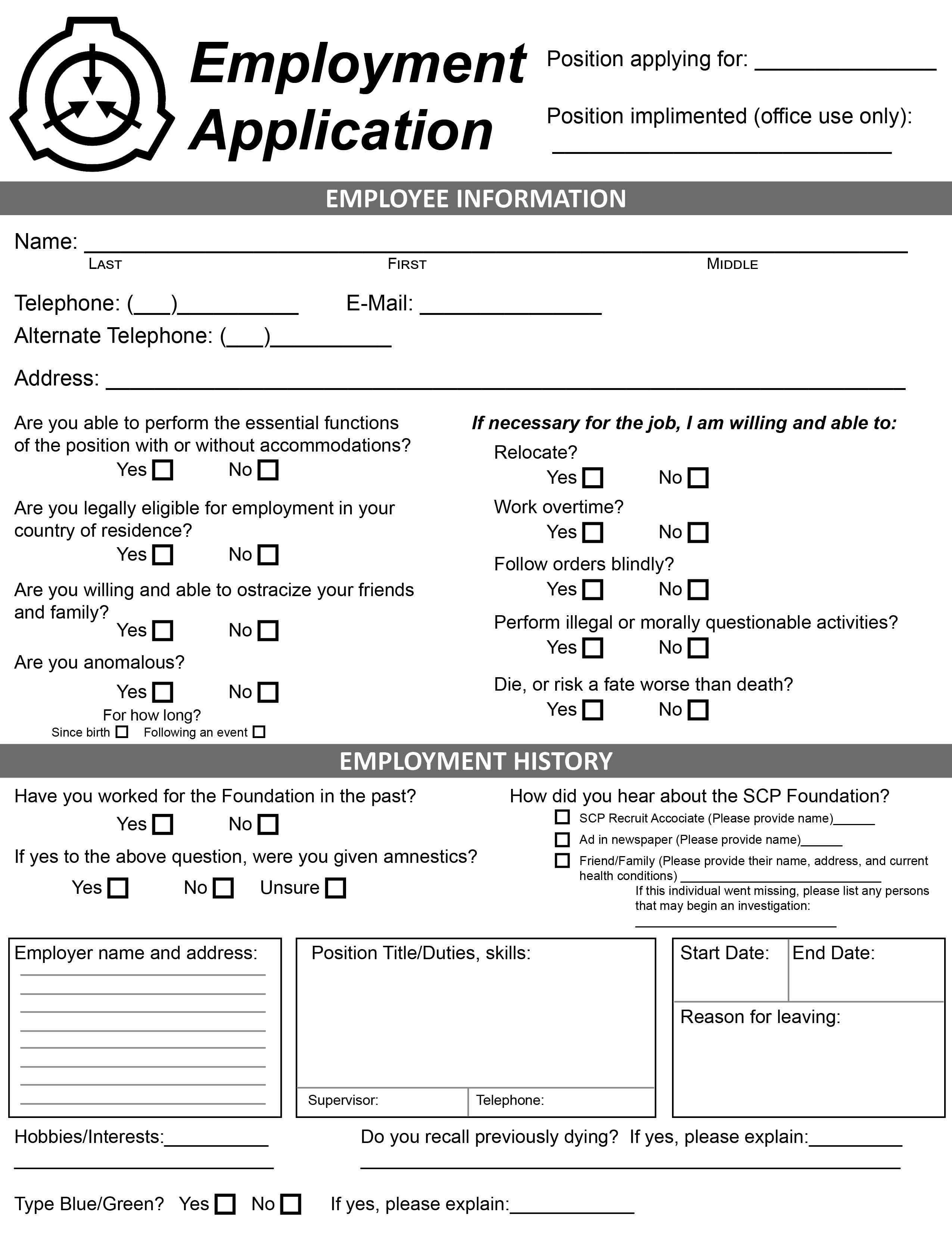 Made an SCP Job Application for fun r/SCP