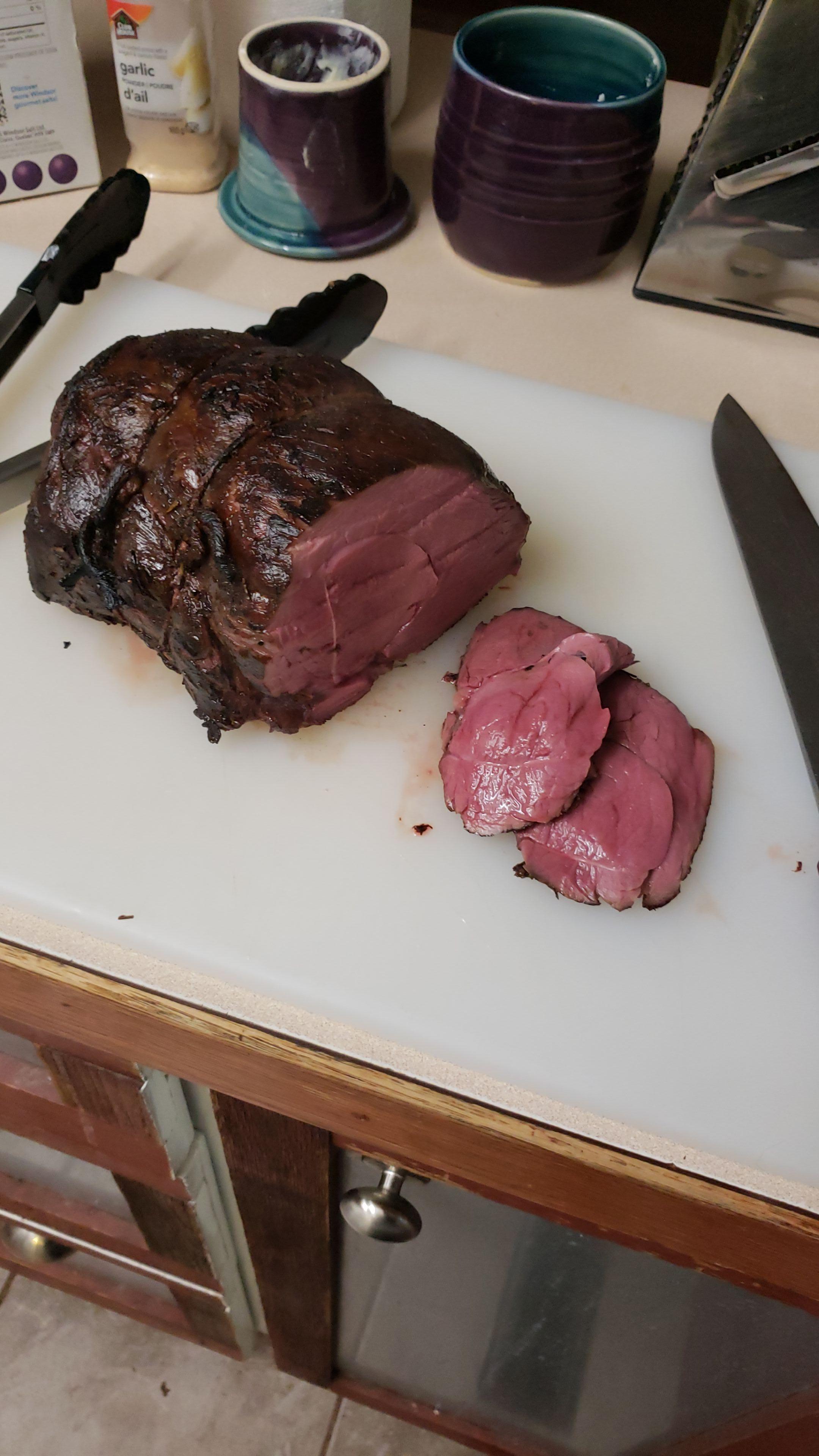 20 hours 130° Venison round roast that I harvested last year from a mule deer. Finished on a