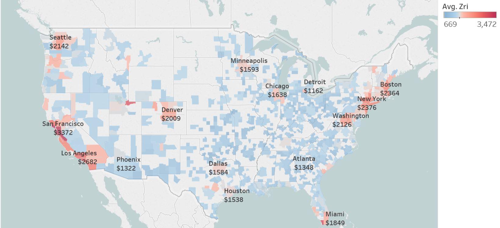 US Average Monthly Rentals by City (Update) [OC] r/dataisbeautiful