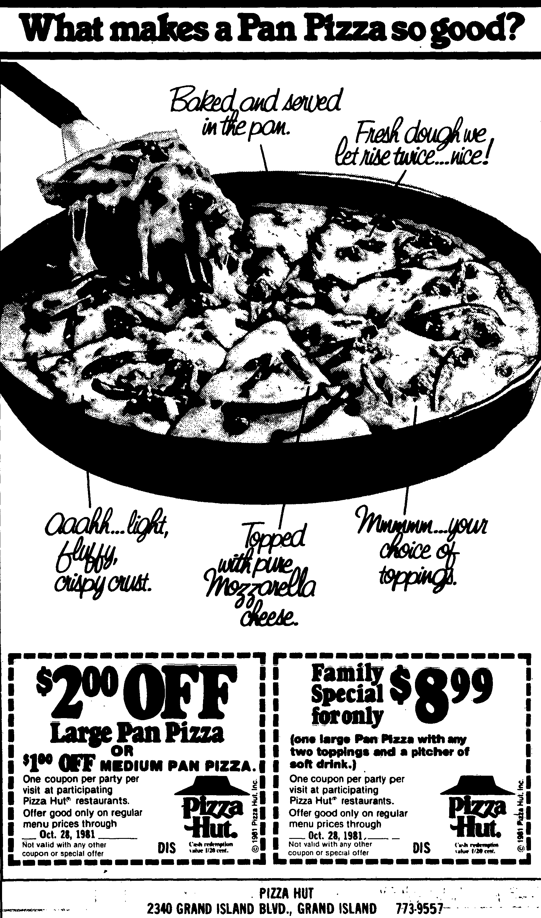 "What makes a Pan Pizza so good?" Pizza Hut ad for Grand Island, NY