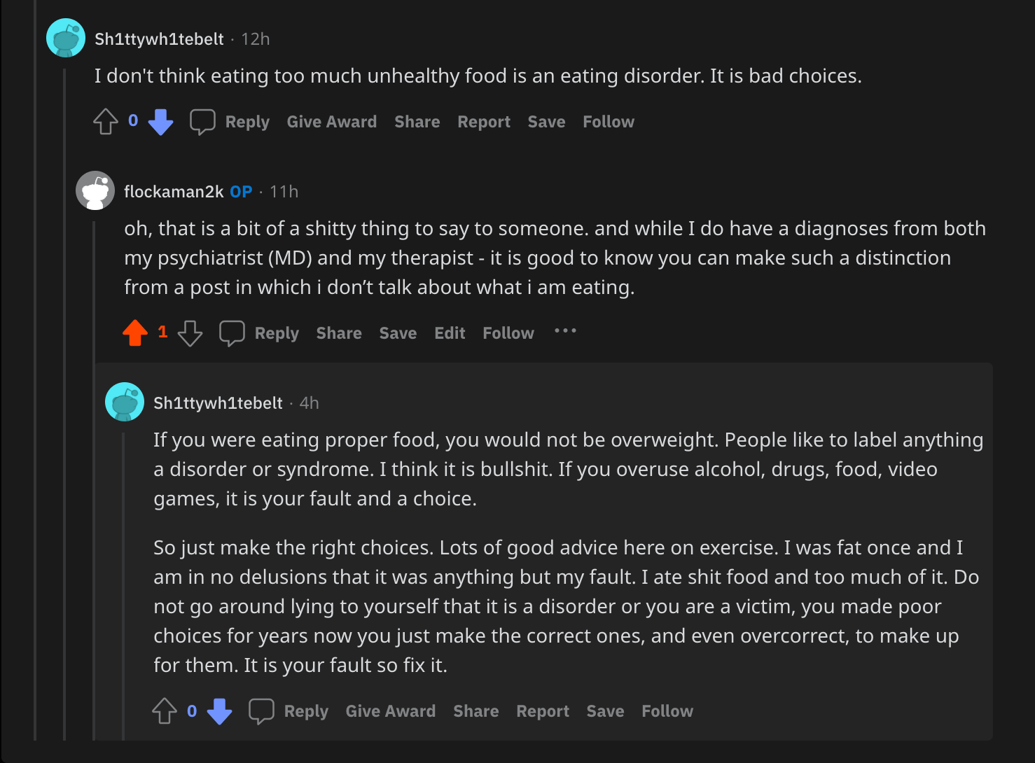 "I don't think eating too much unhealthy food is an eating disorder. It