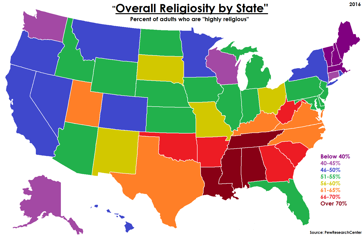 Overall Religiosity by State (2016) [1513x983] r/MapPorn