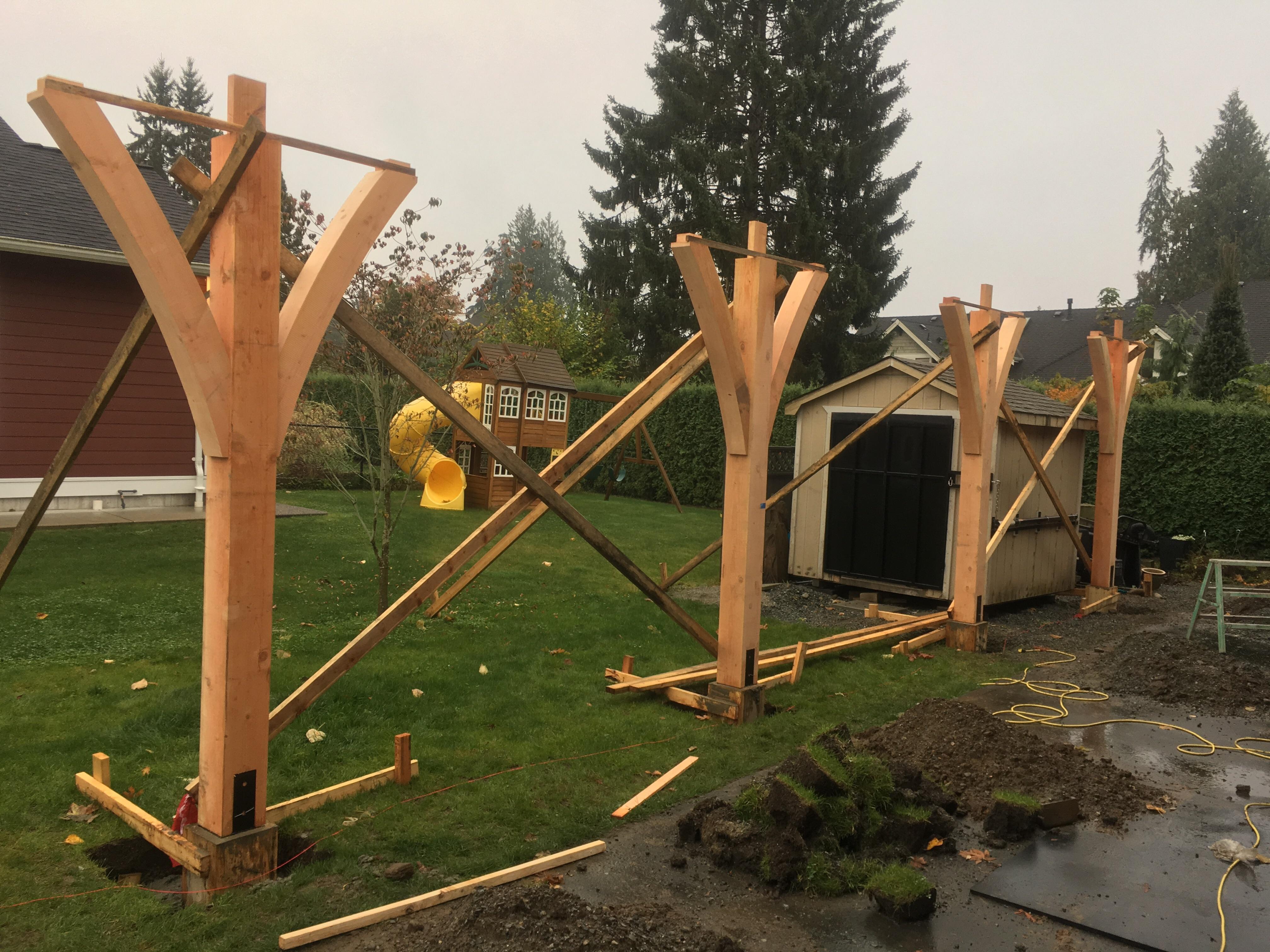 After all the cutting, it's finally assembly time! 8x8 posts, 6x6 curved braces. Beams will be