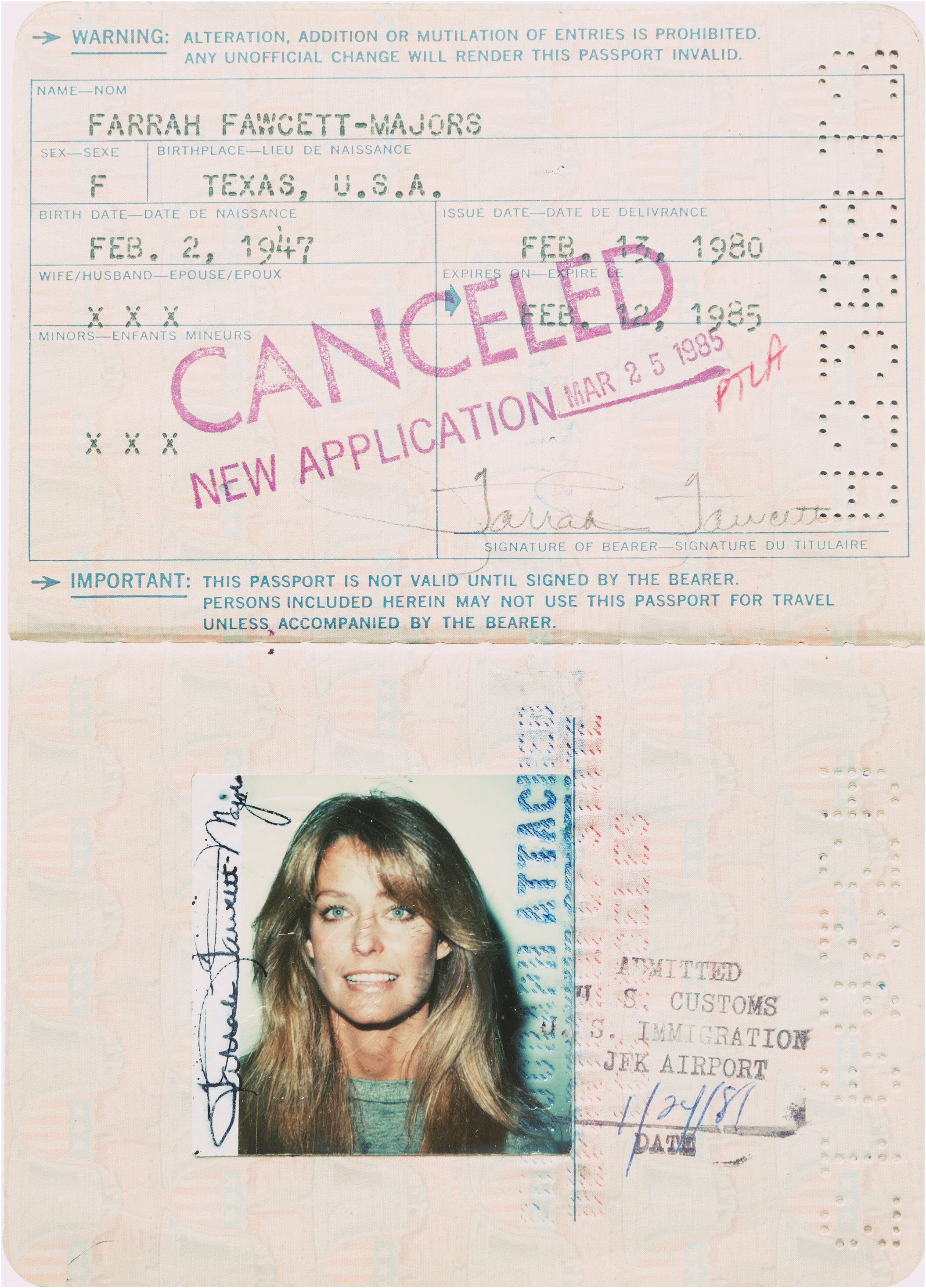🔞Farrah Fawcett's 1980 passport of Farrah Fawcett NUDE