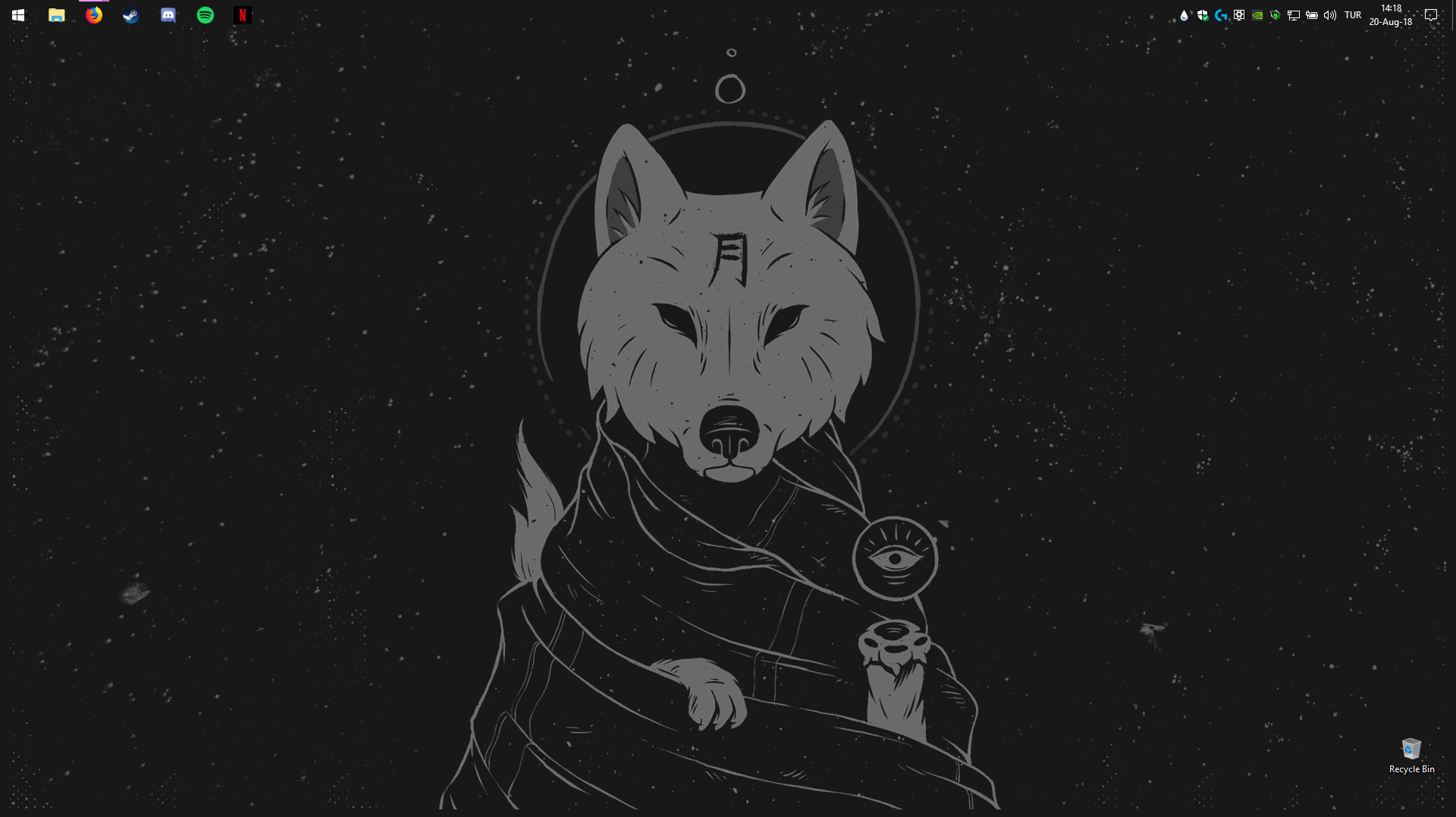 Used rainmeter for transparent taskbar and wallpaper is "wise wolf
