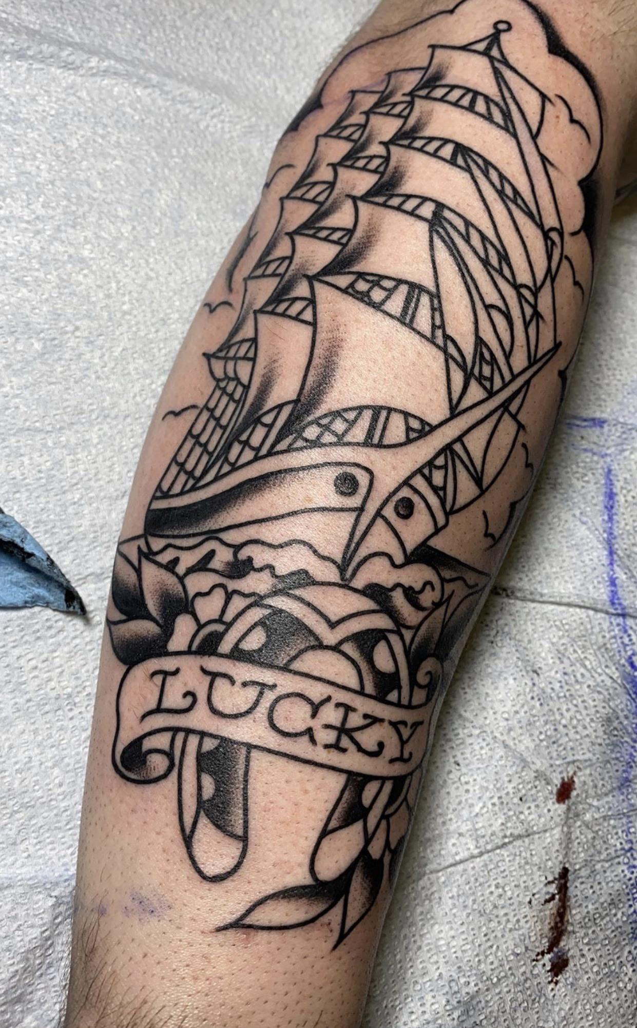 Clipper ship outline and shading done by Travis Costello