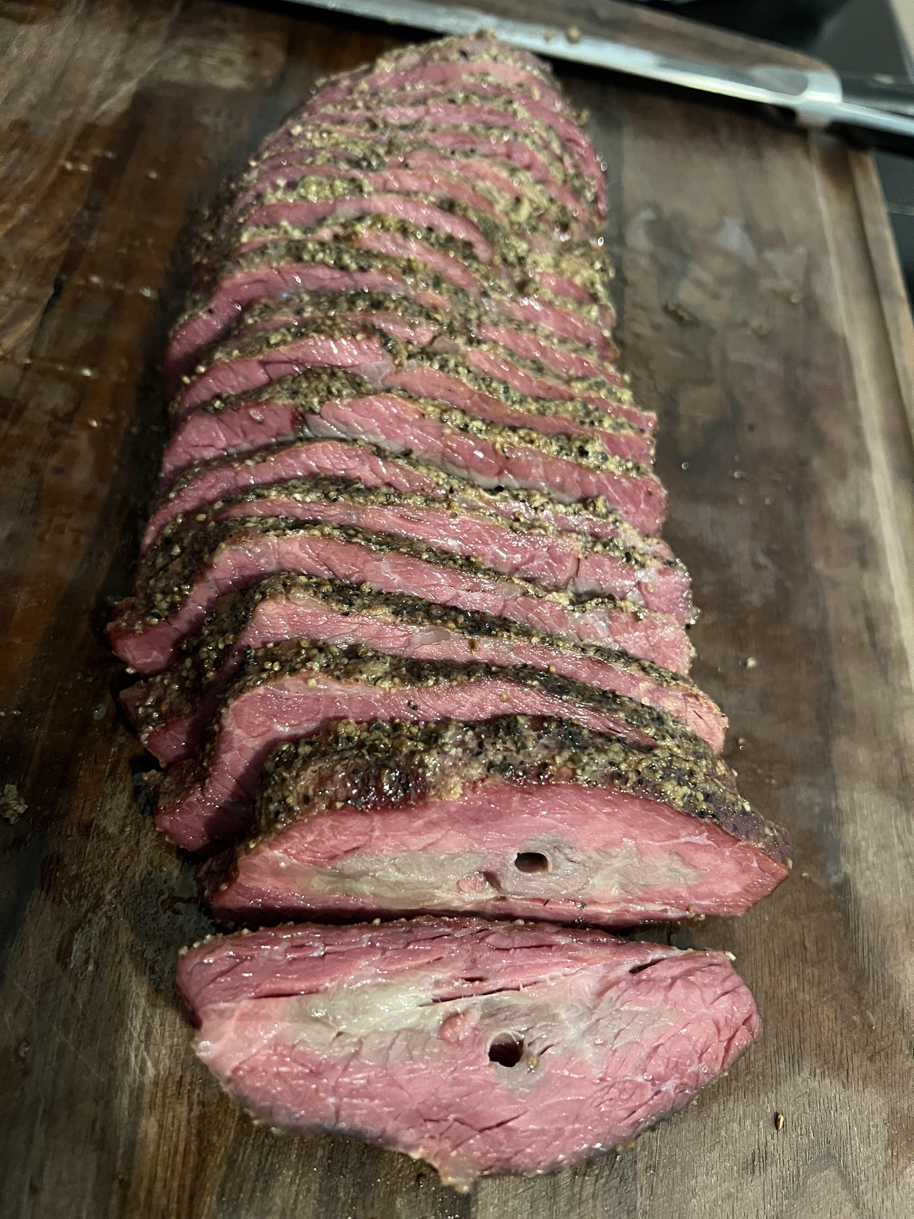 Brisket style Tritip. 48hour drybrine. Rubbed of garlic and black