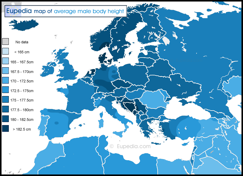 From Eupedia Map of average male body height when fully grown across