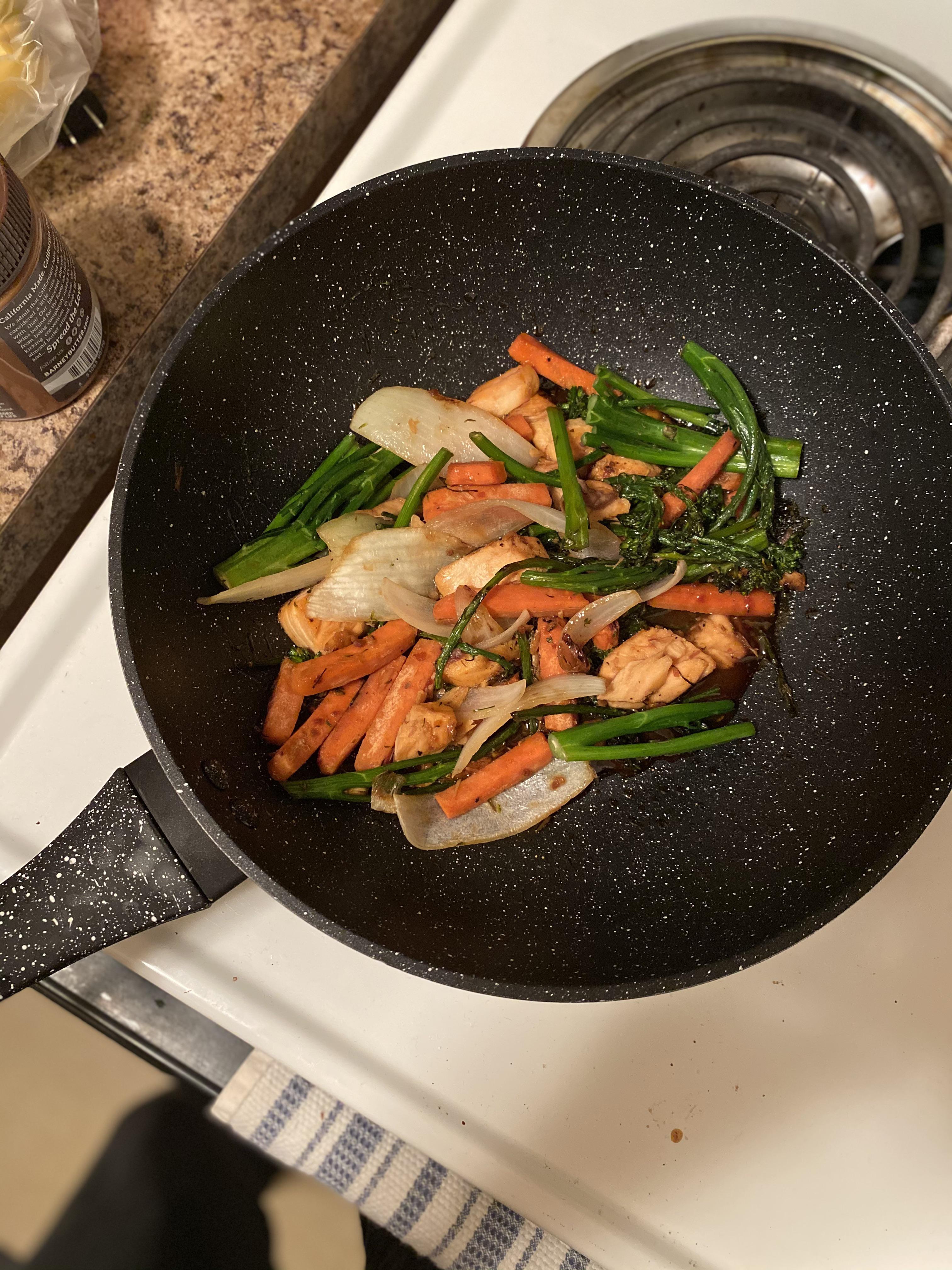 Salmon veggie stir fry ) this wok was the best 5 investment I’ve made