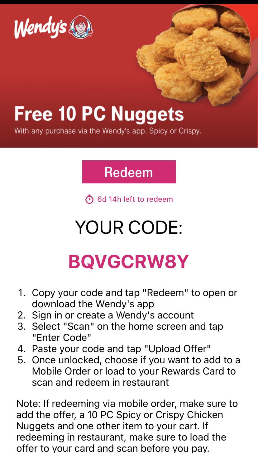 Free 10 piece nugget from Wendy’s r/Freefood