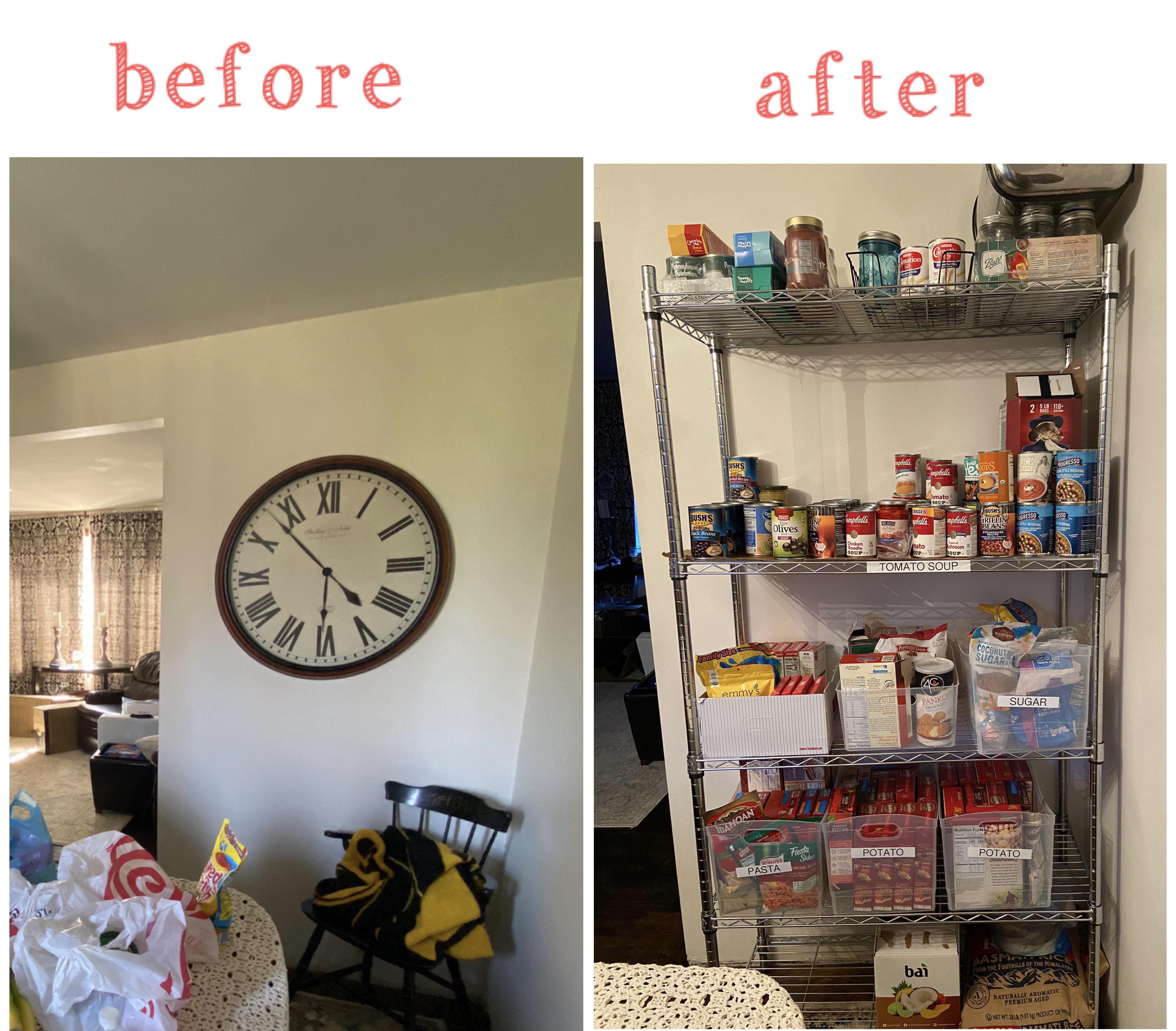 Lowe’s metal shelves were a study and cheap option for extra pantry