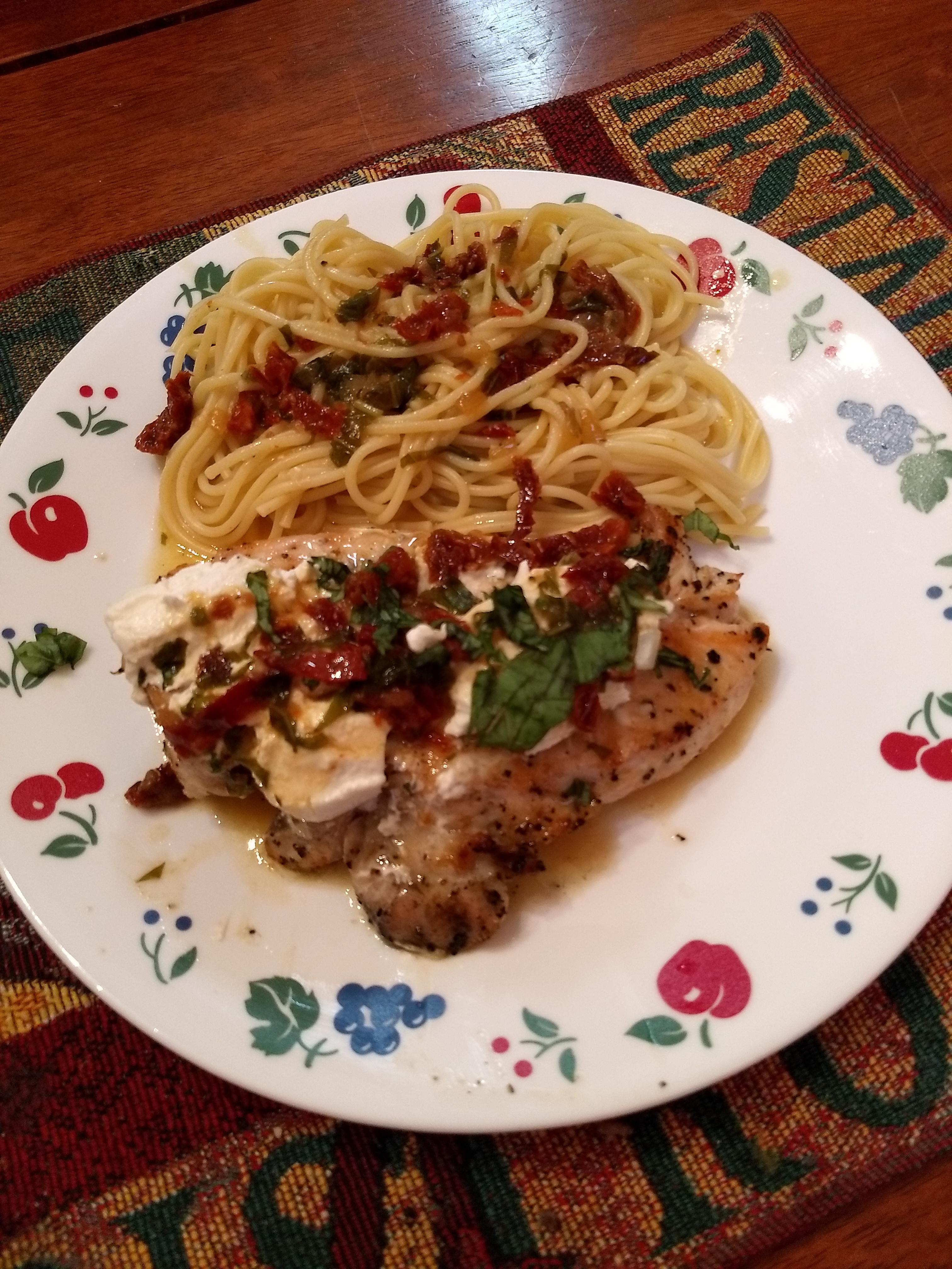 Homemade Grilled Chicken with Goat Cheese in a Lemon/White Wine Sauce