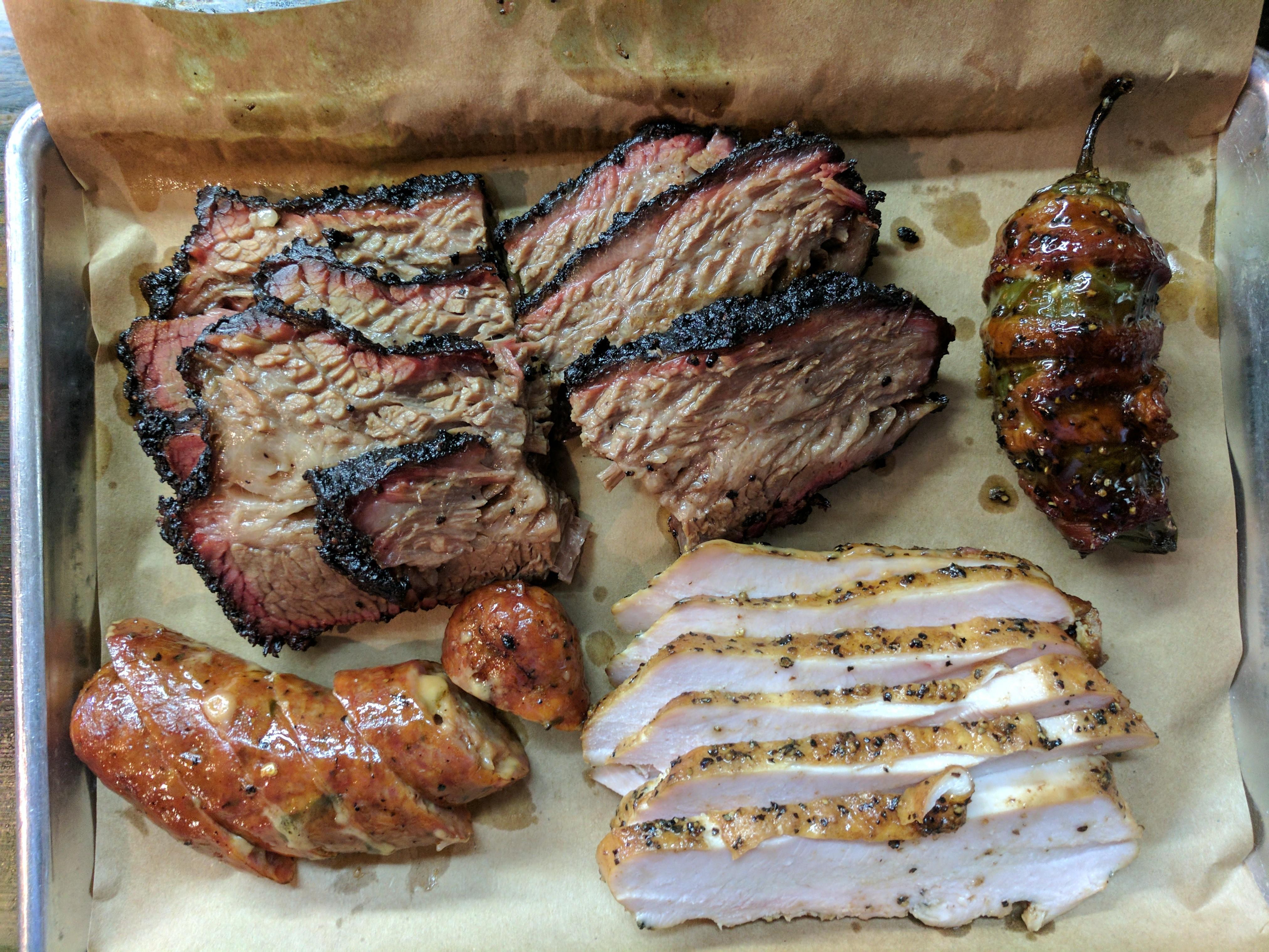 Smoked Brisket, jalapeno sausage, turkey, and baconwrapped stuffed