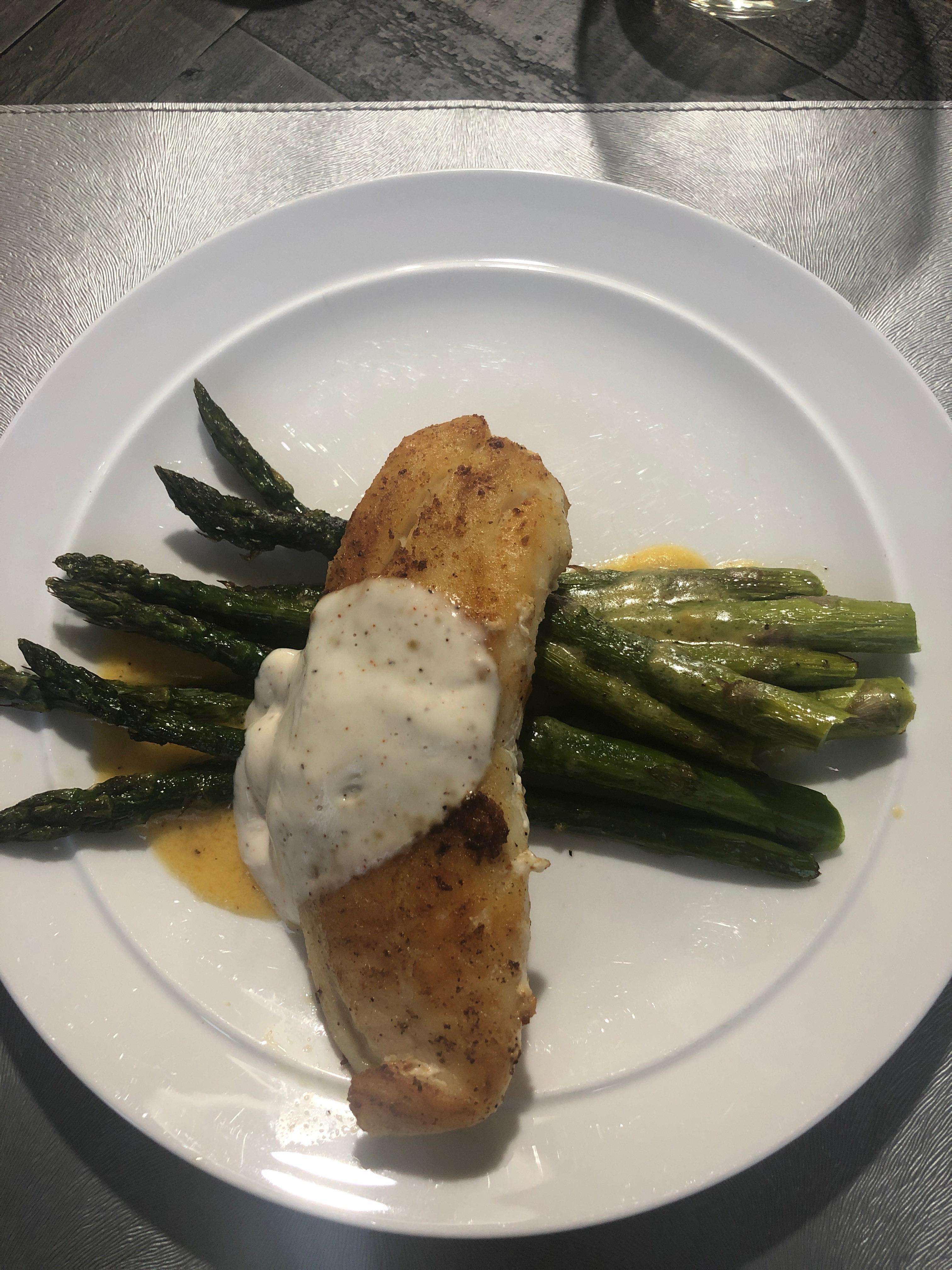 Tilapia with lemon old bay aioli and asparagus with cheese sauce r