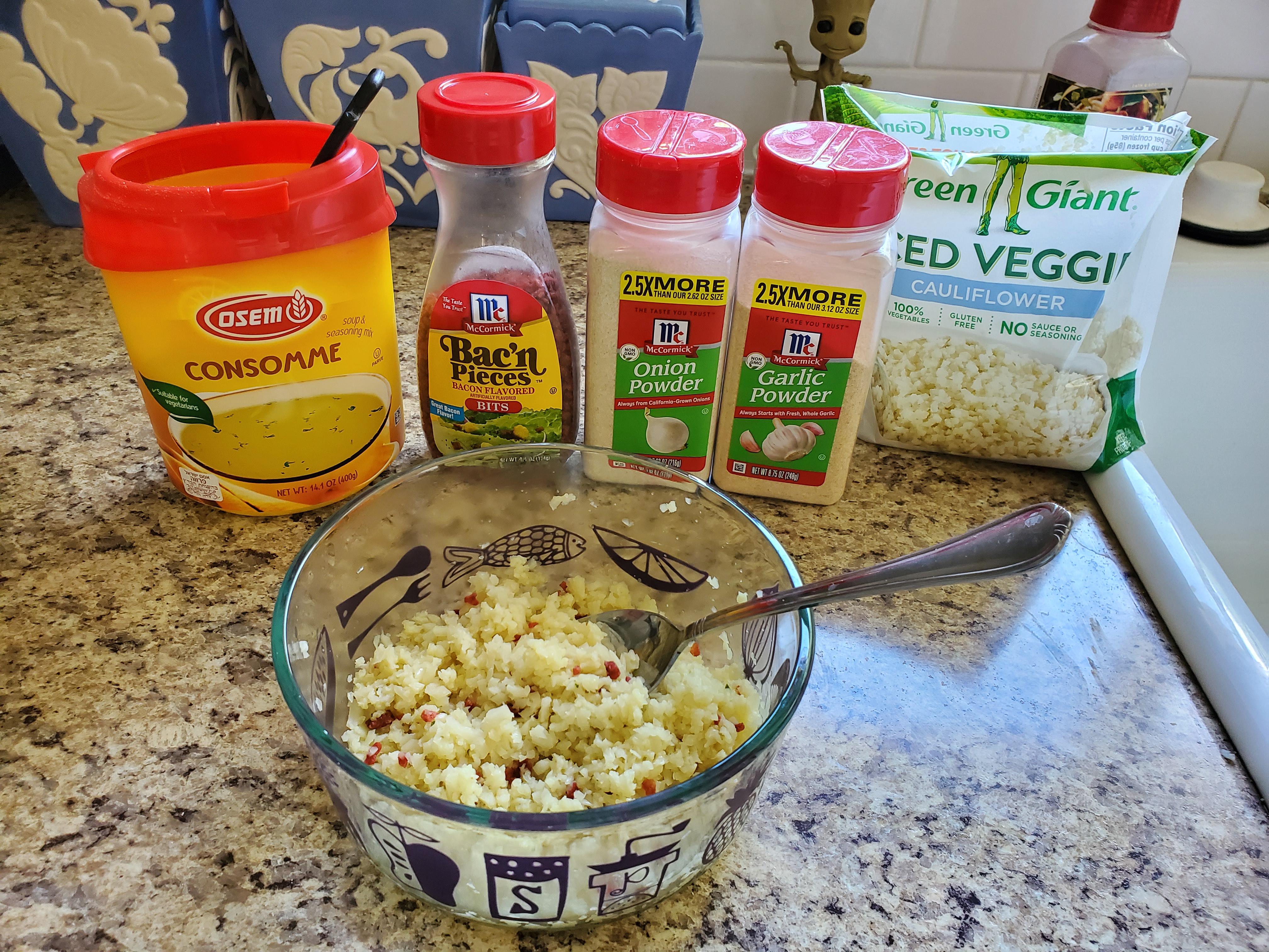 Craving some salt. Riced cauliflower is wonderful! Used 3 tsp. Osem