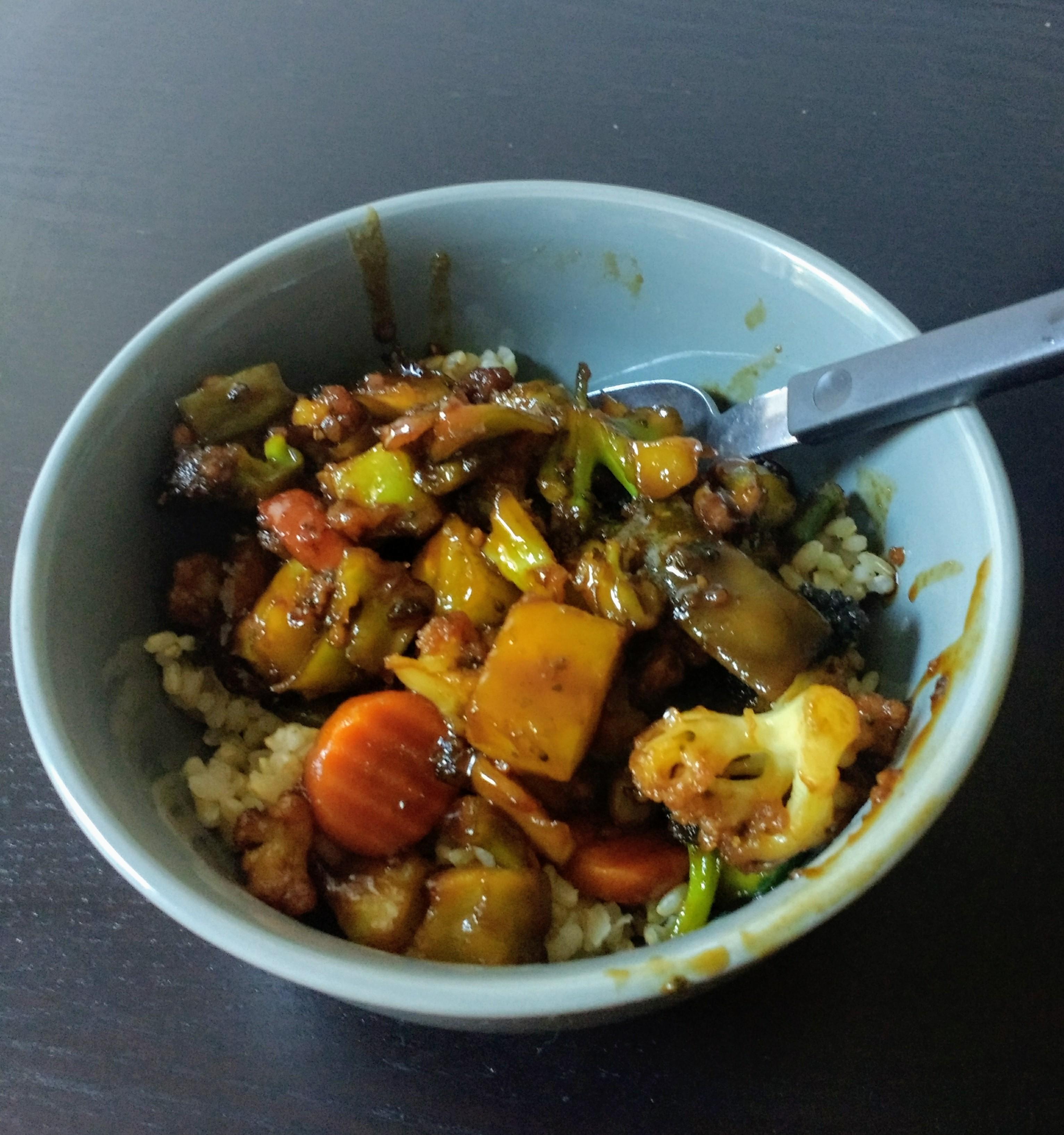 Super lazy dinner frozen veggies with hoisin sauce on rice r/vegan