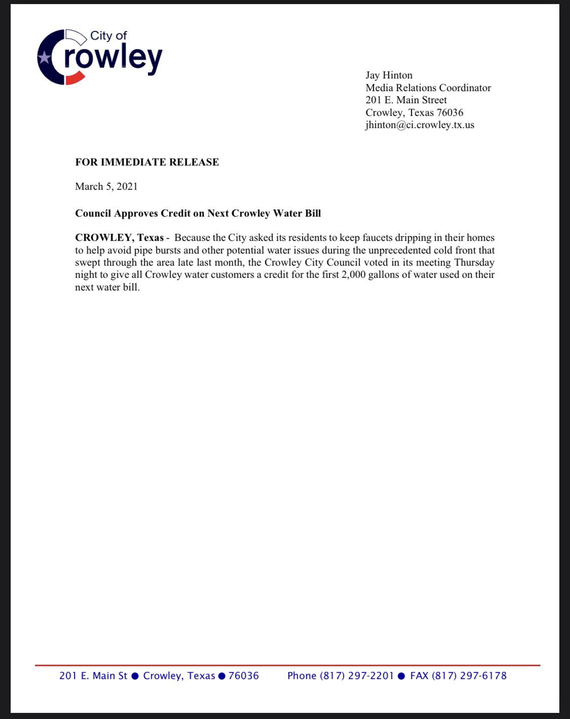 The City of Crowley doing the right thing and helping their citizens