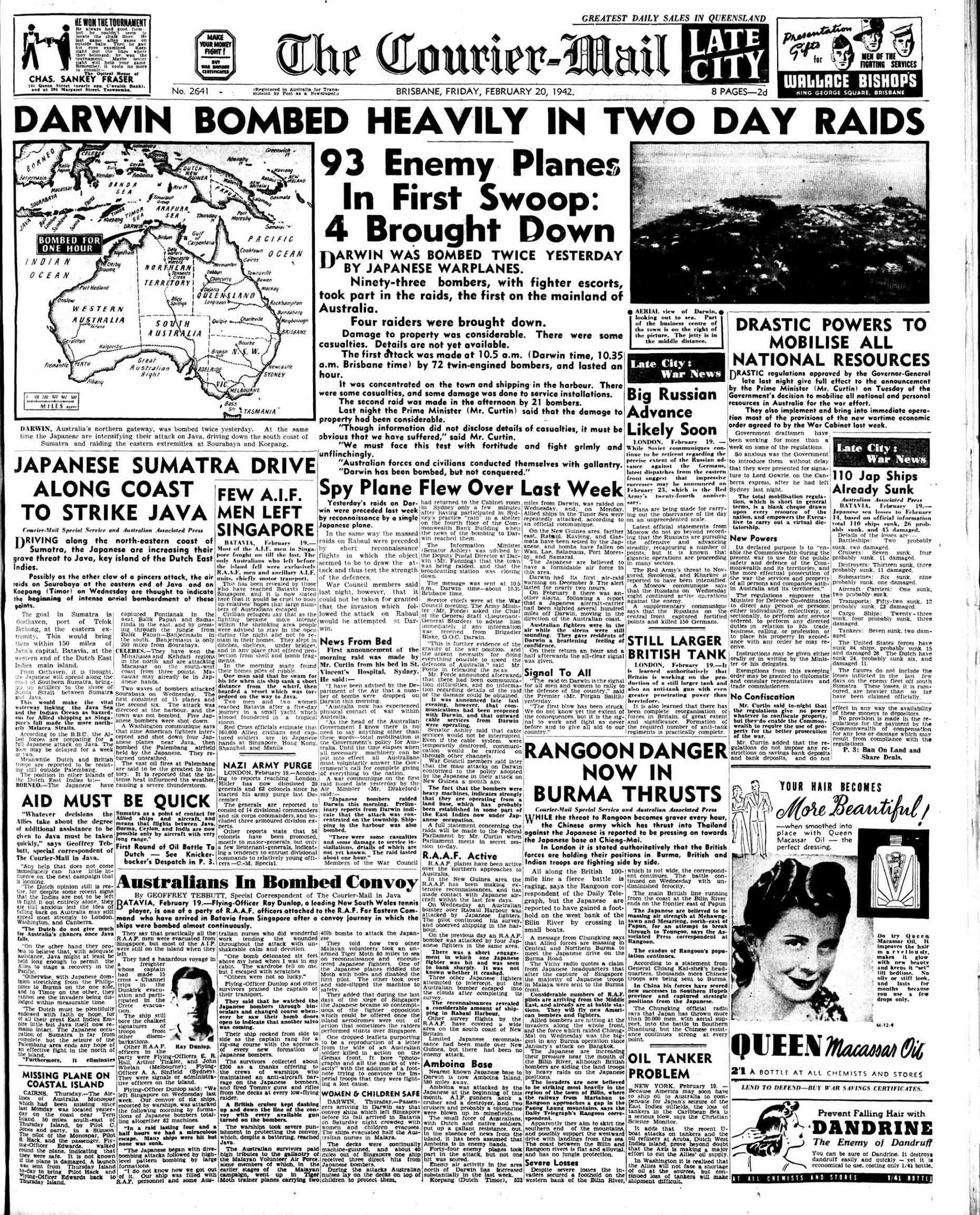 Newspaper reporting the bombing of Darwin the day before, February 20