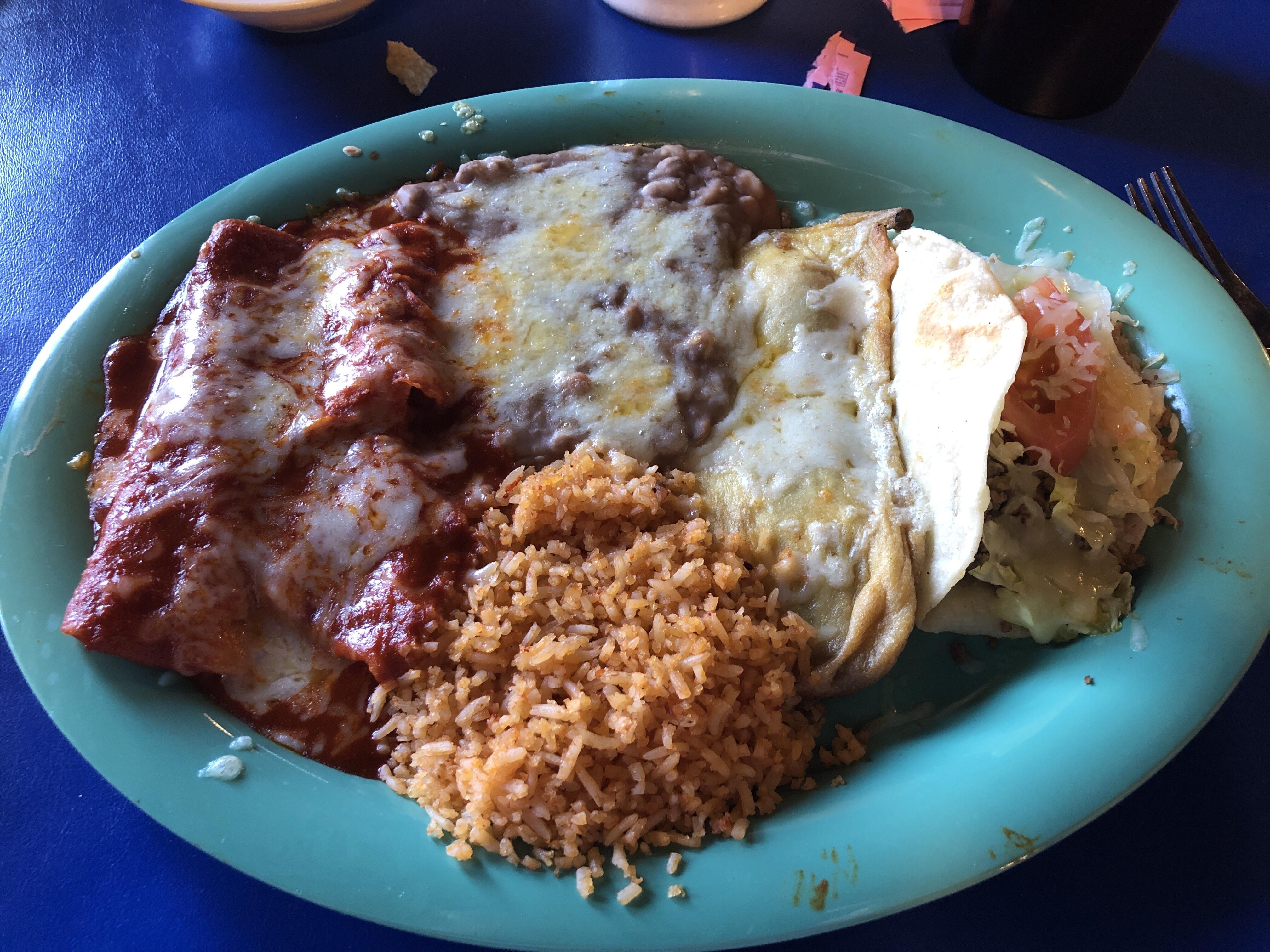[I ate] a Mexican Combination plate two red enchiladas, beef taco