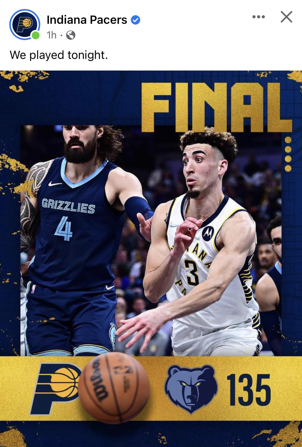 The official Pacers FB post about tonight’s game r/pacers