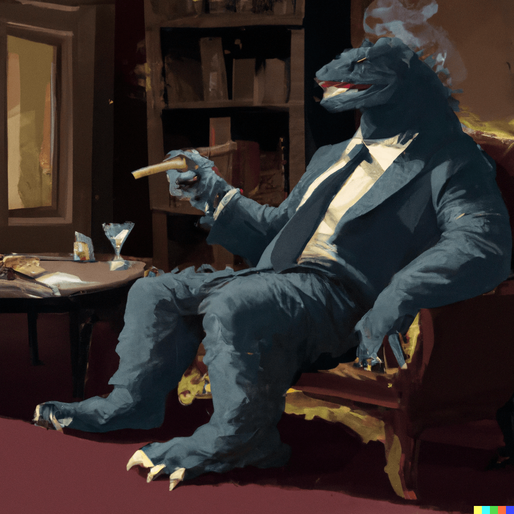 “Godzilla in a suit sitting down on a couch and smoking a cigar with a