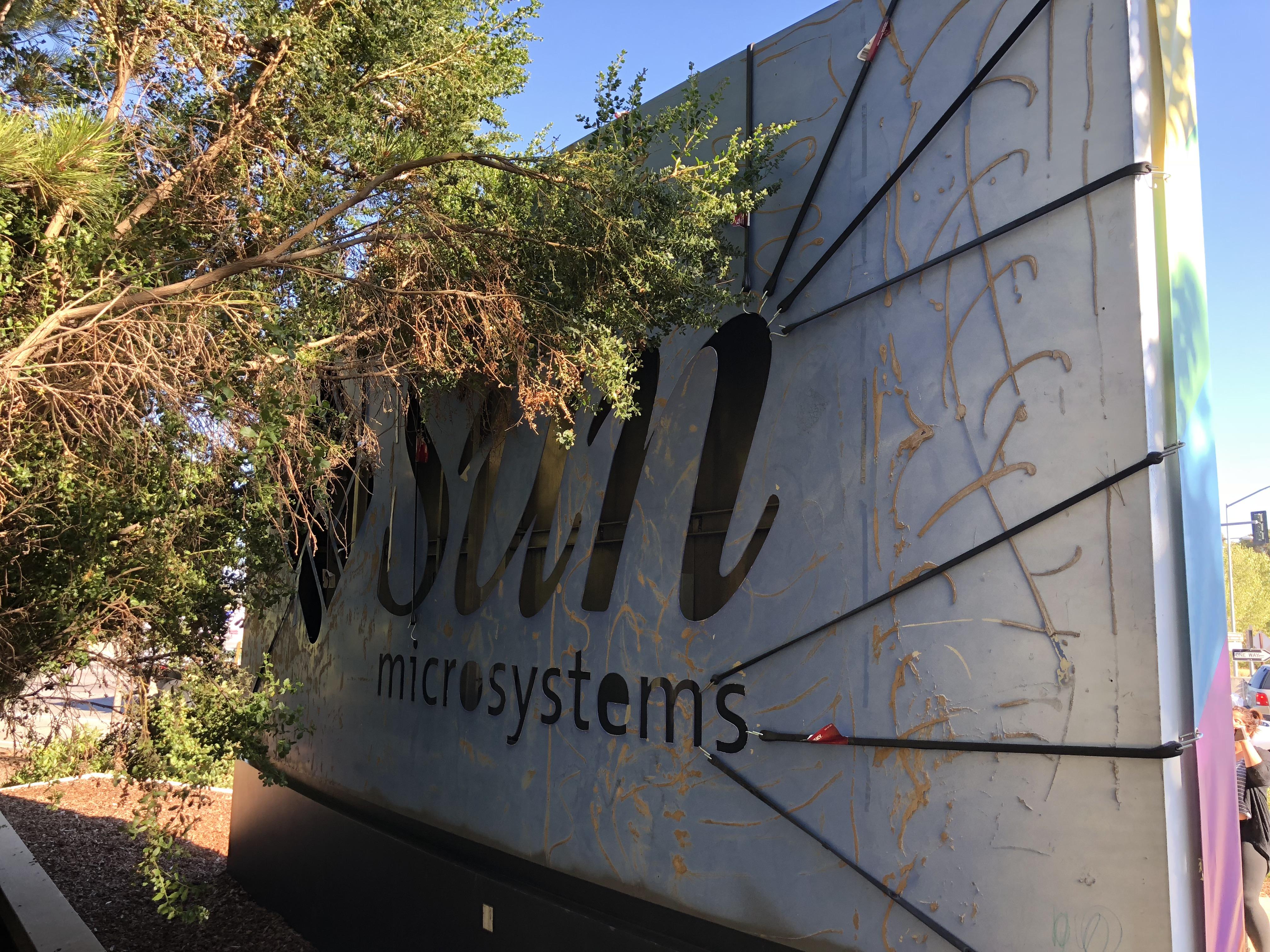 Back of Facebook sign at 1 Hacker Way still has Sun remnants