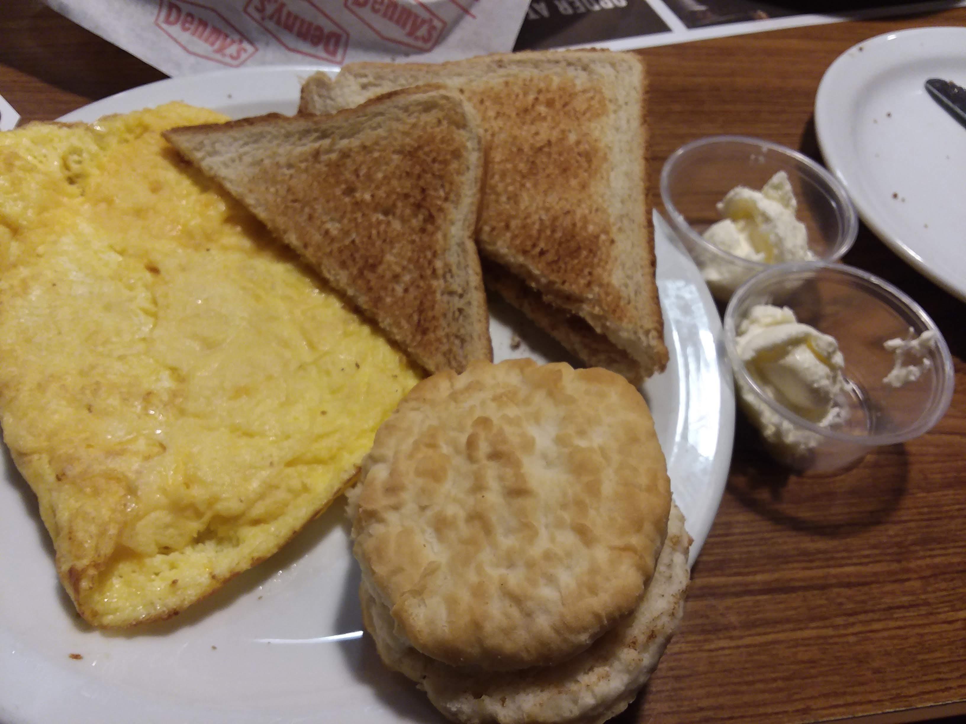 Sometimes a simple breakfast from Denny's is the best. Cheese omelette, toast, biscuit r