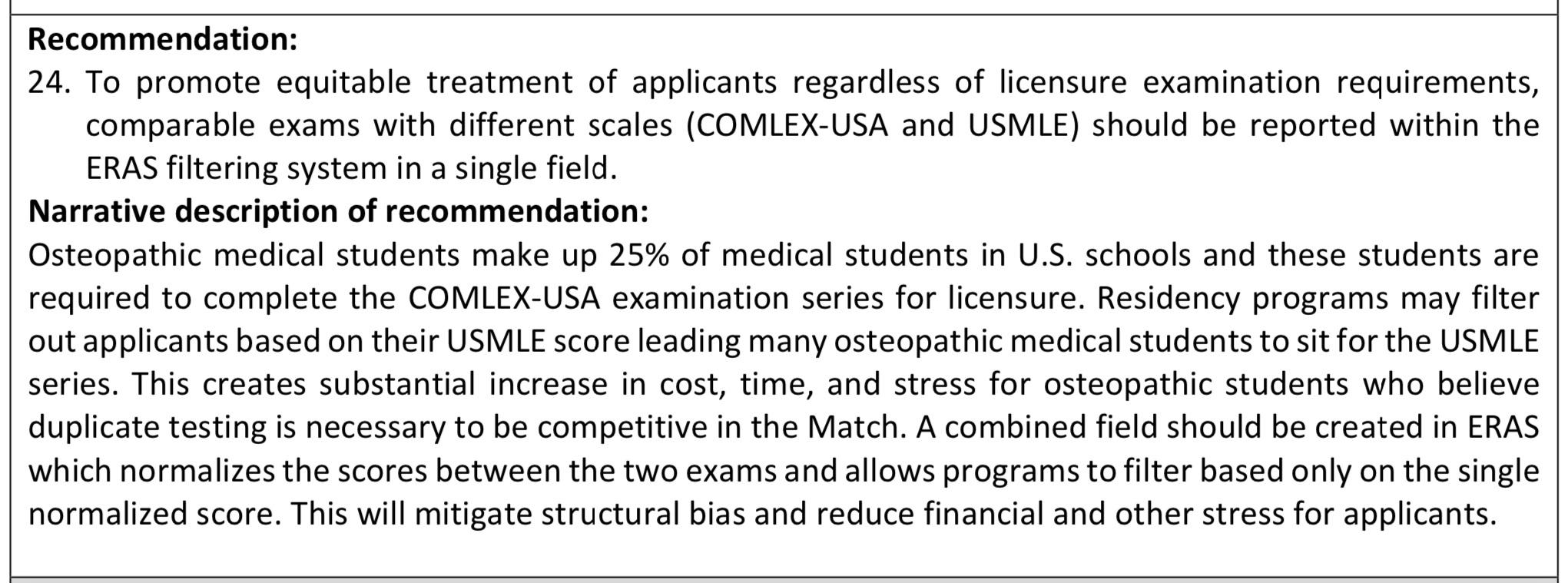 to report USMLE and COMLEX on same scale in ERAS