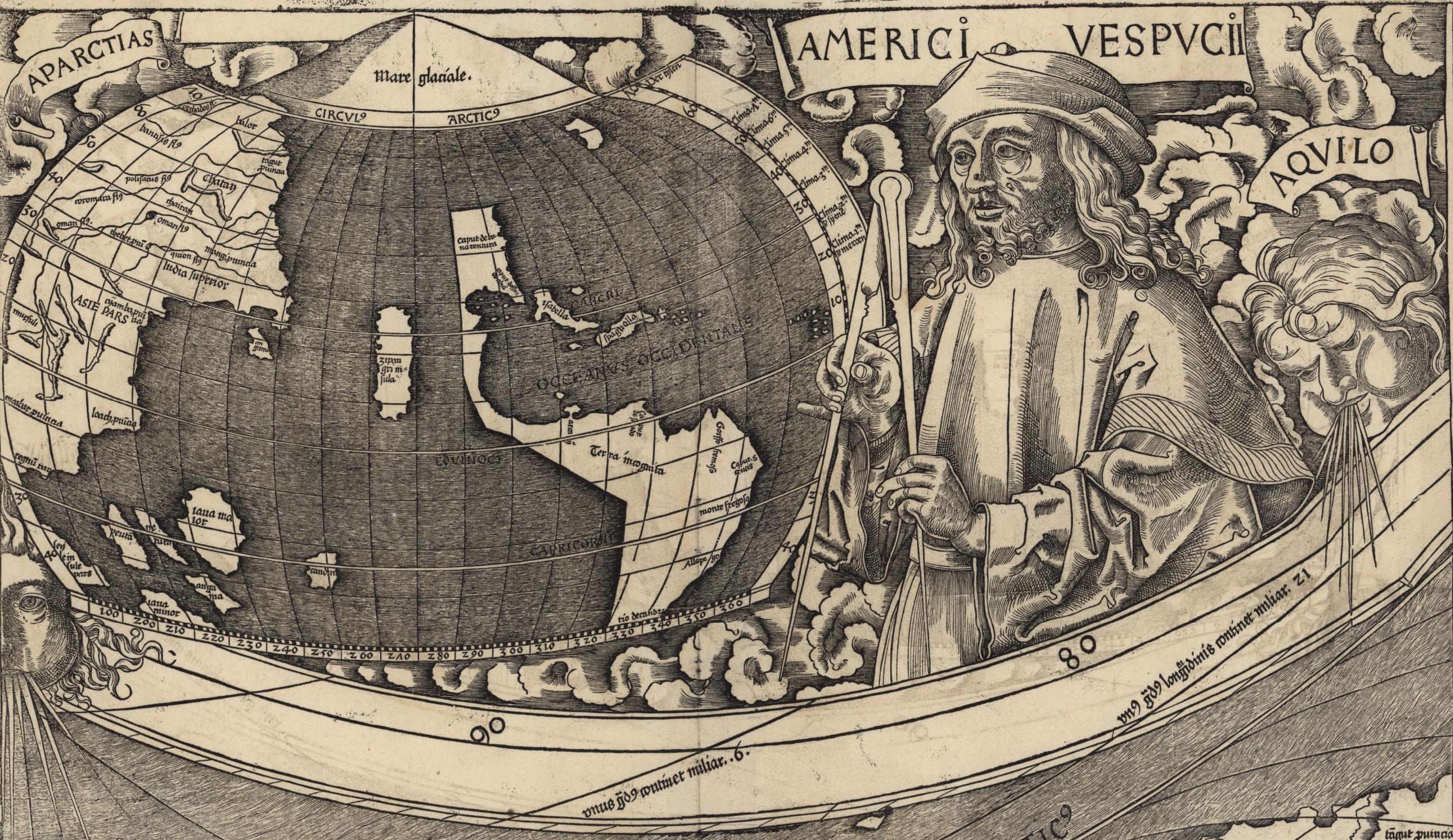 Portrait of Amerigo Vespucci next to a Map of the Americas and East