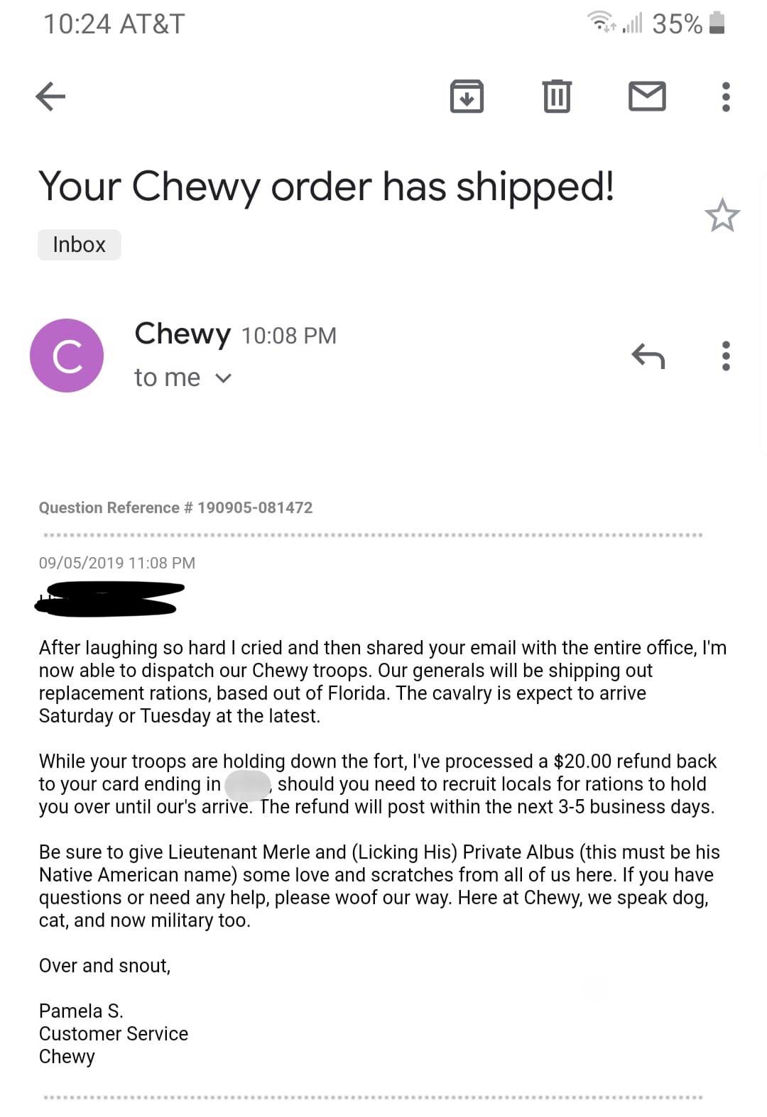 Found on Facebook — Chewy Box uses YiffSpeak in a reply email. There