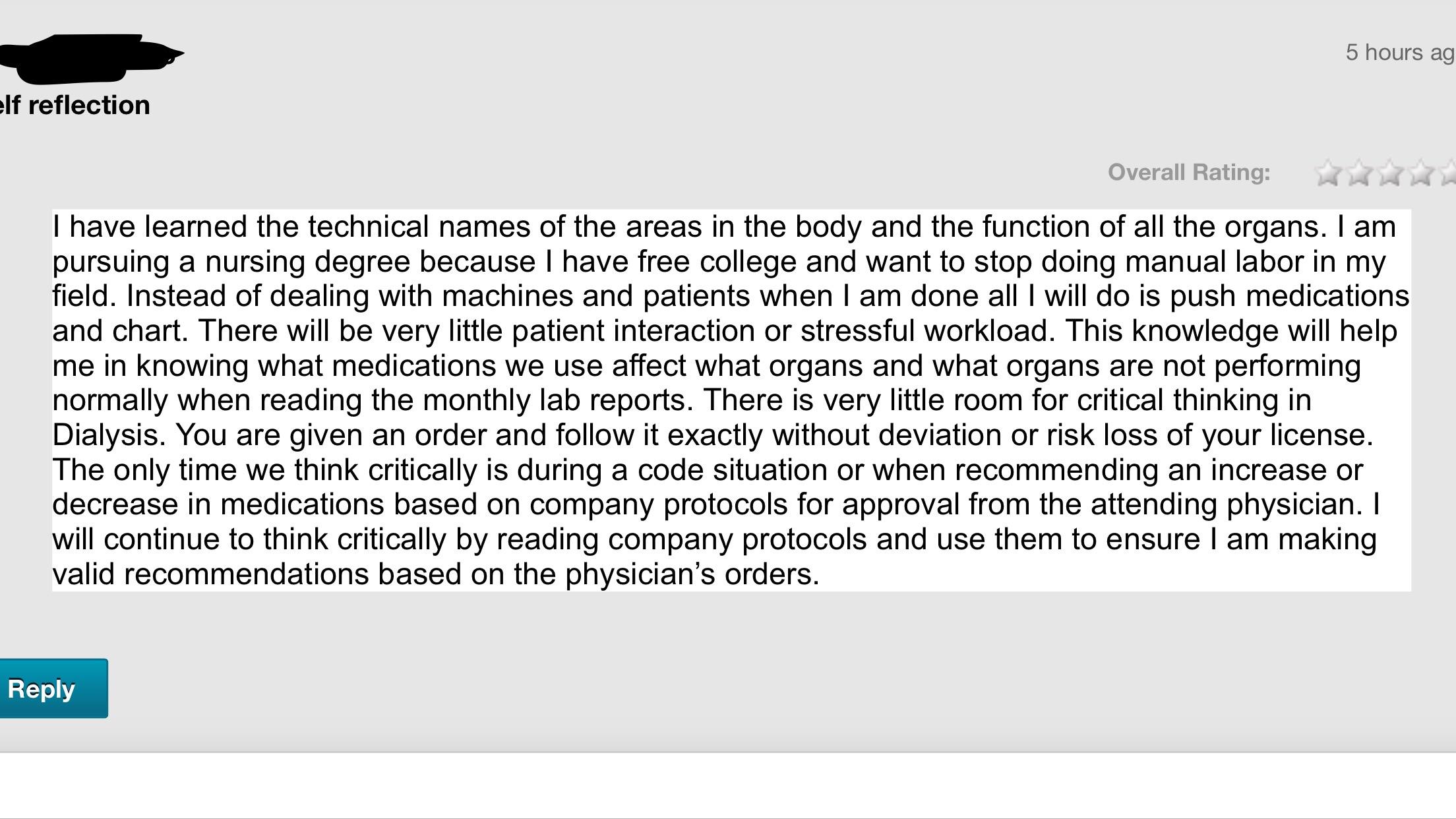 Self reflection post from one of my fellow nursing students. For some