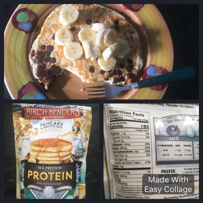 Yummy 180cal 16g protein pancake mix. With almond milk, banana, carob chips = 372cal/20g protein