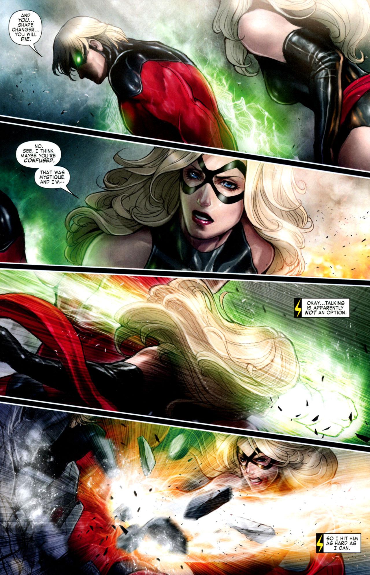 Ms.Marvel absorbed an explosive from an overloaded Captain Marvell that