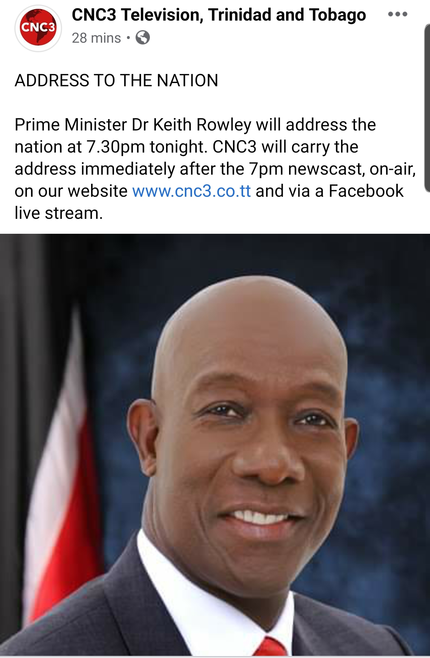 Prime Minister Dr Keith Rowley will address the nation at 7.30pm tonight. r/TrinidadandTobago