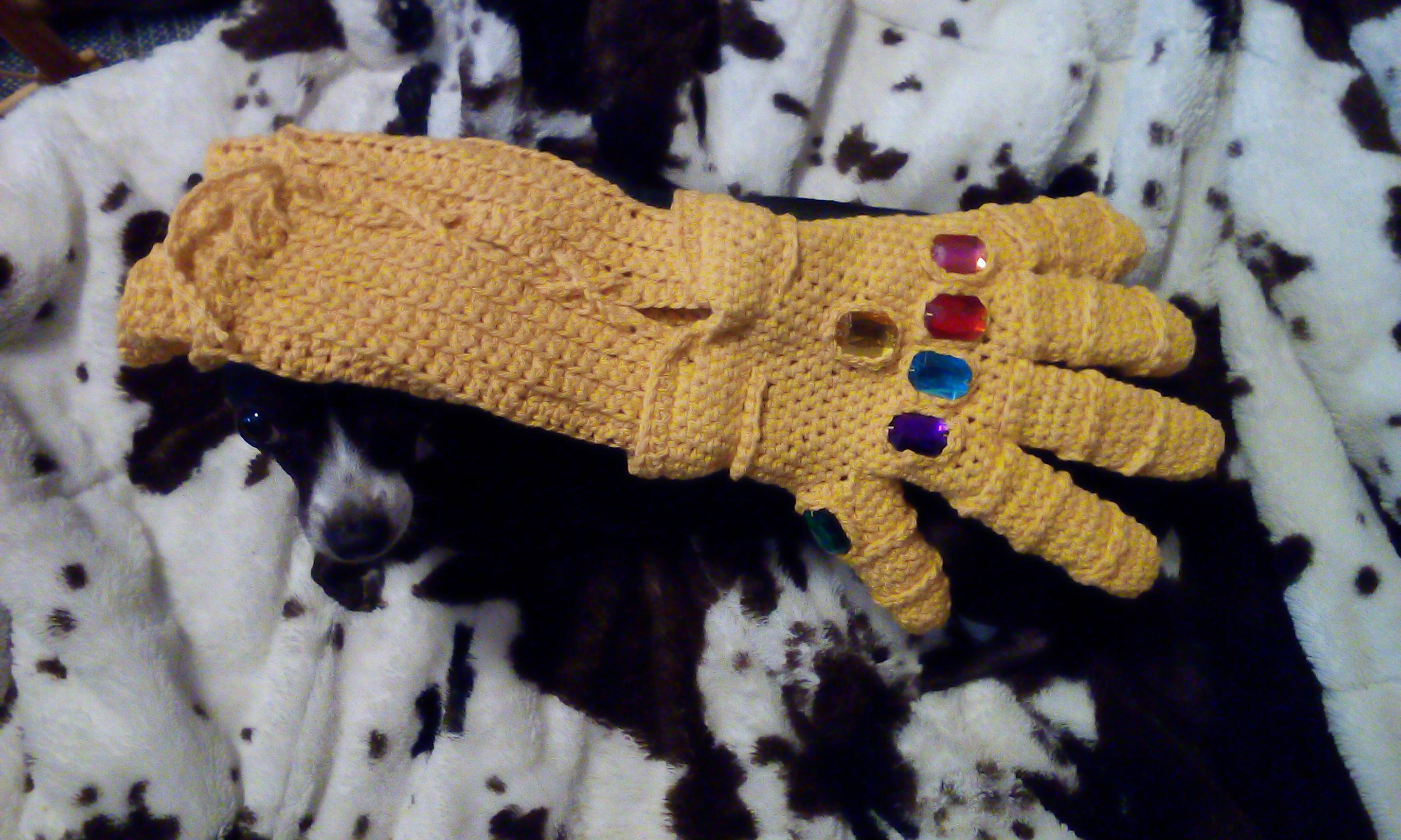 Infinity gauntlet, dog for scale. r/crochet