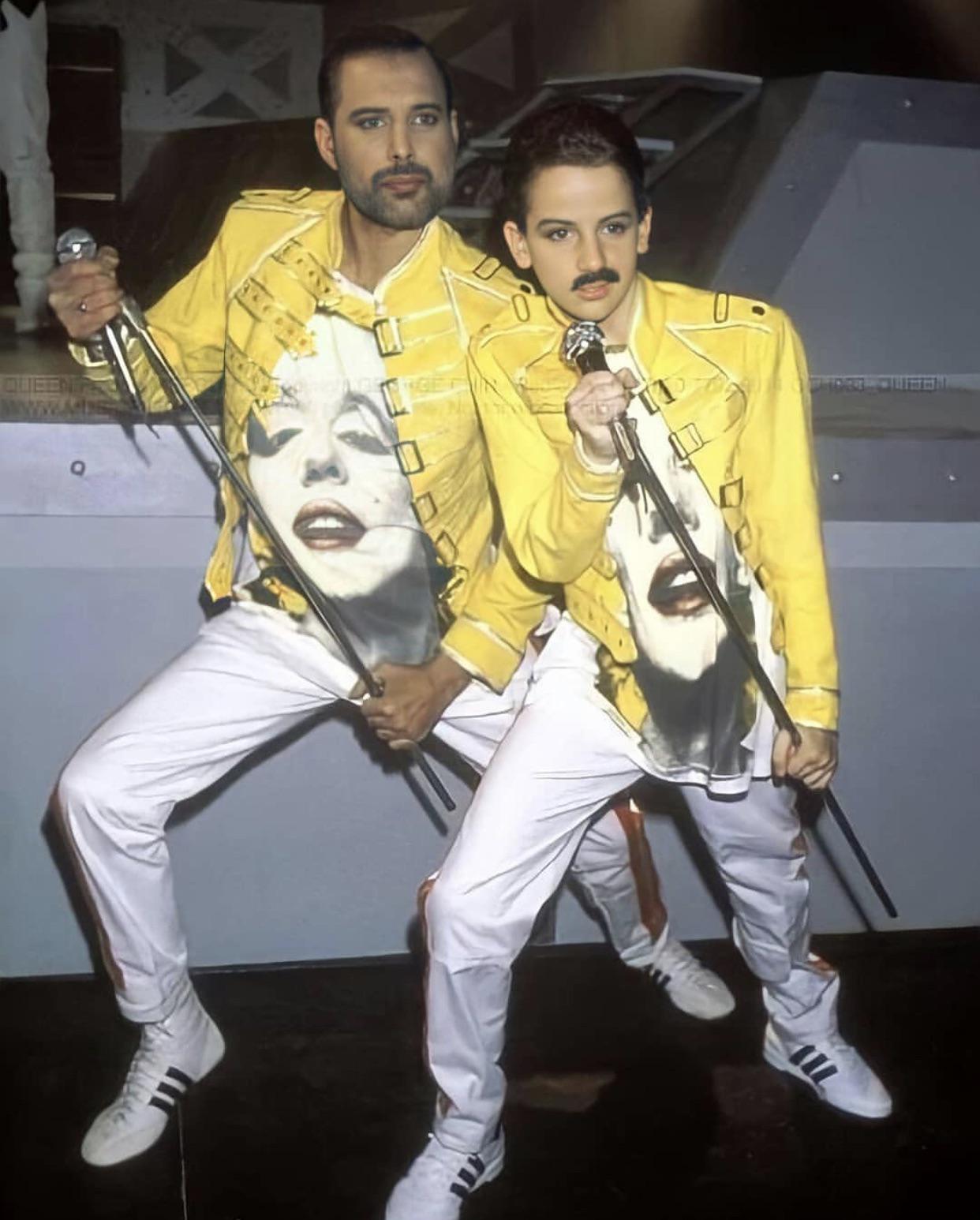 Freddie Mercury and friend on the set of The Miracle video (1989) r