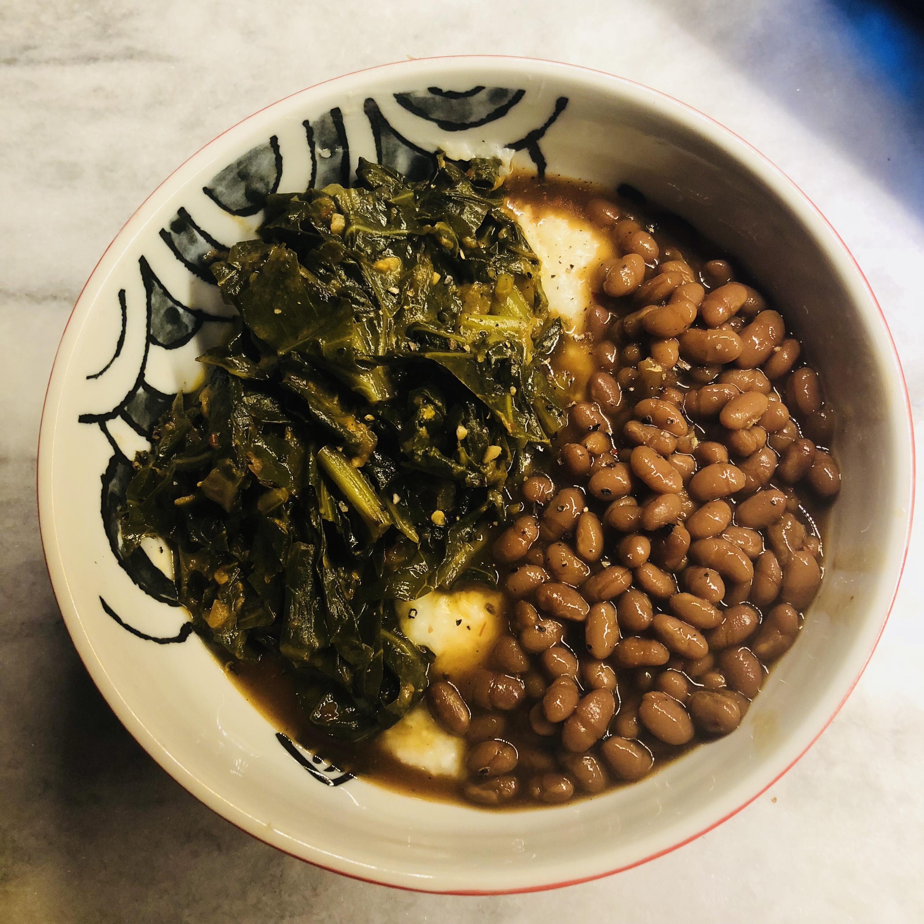 Caribbean collard greens, white cheese grits and bourbon baked beans