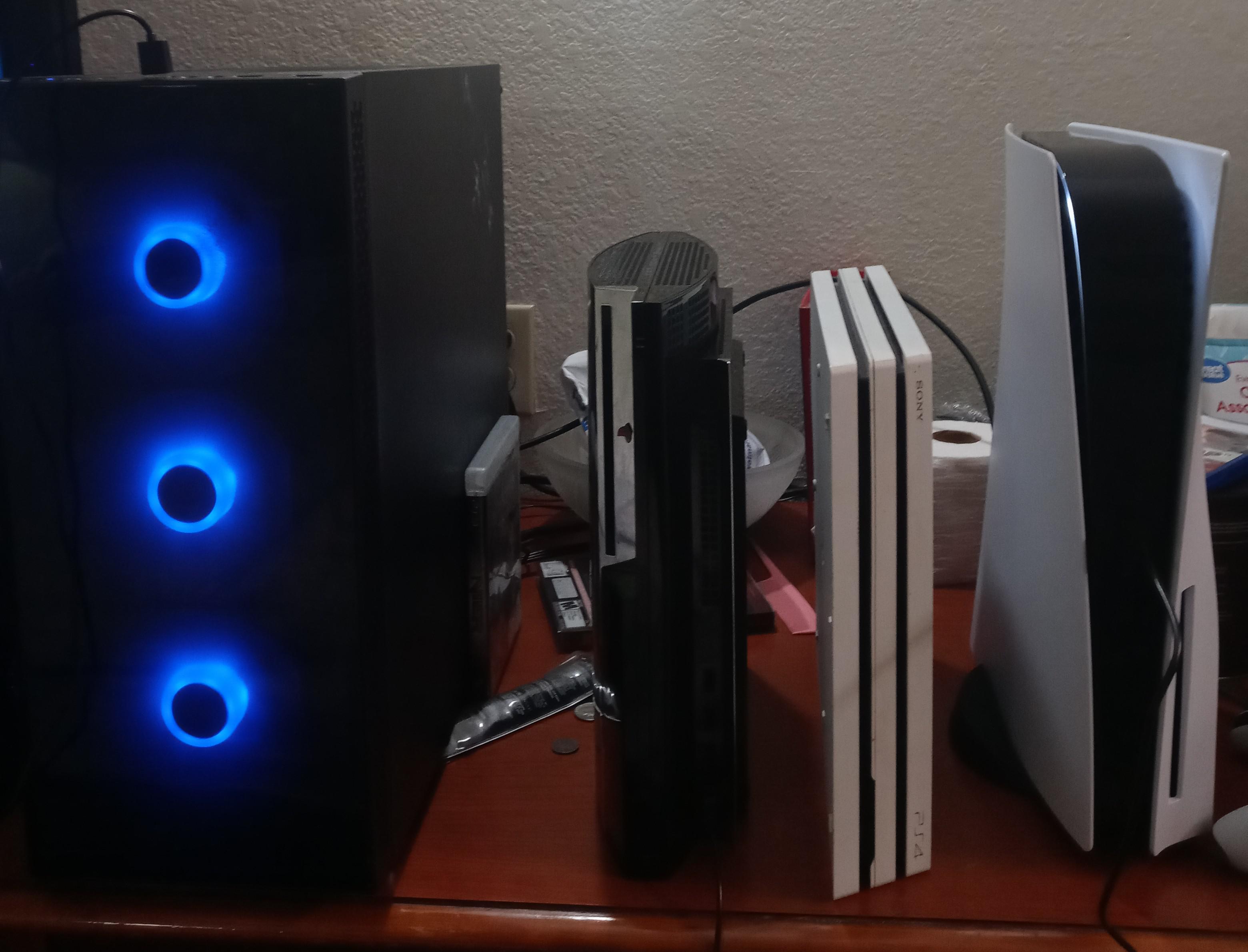 The gangs all here. PS1PS5 and a PC for giggles (in my cluttered hotel