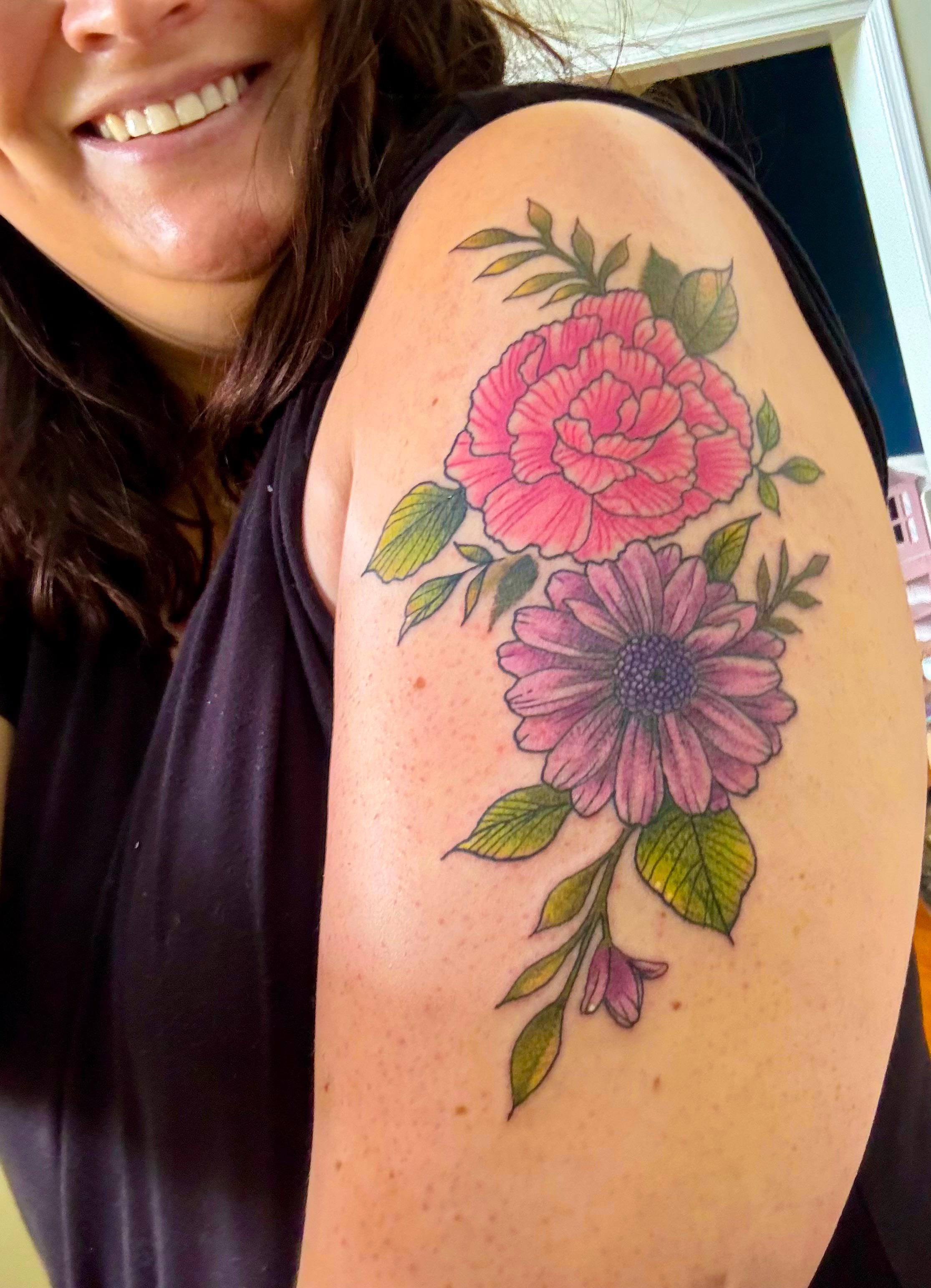Carnation/daisy by Kaylie Morbid at Black Rabbit Tattoo in Richmond, VA